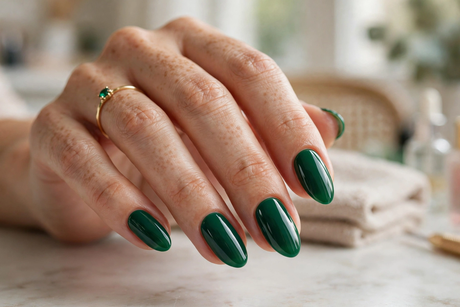 Emerald green and white marble swirl nails