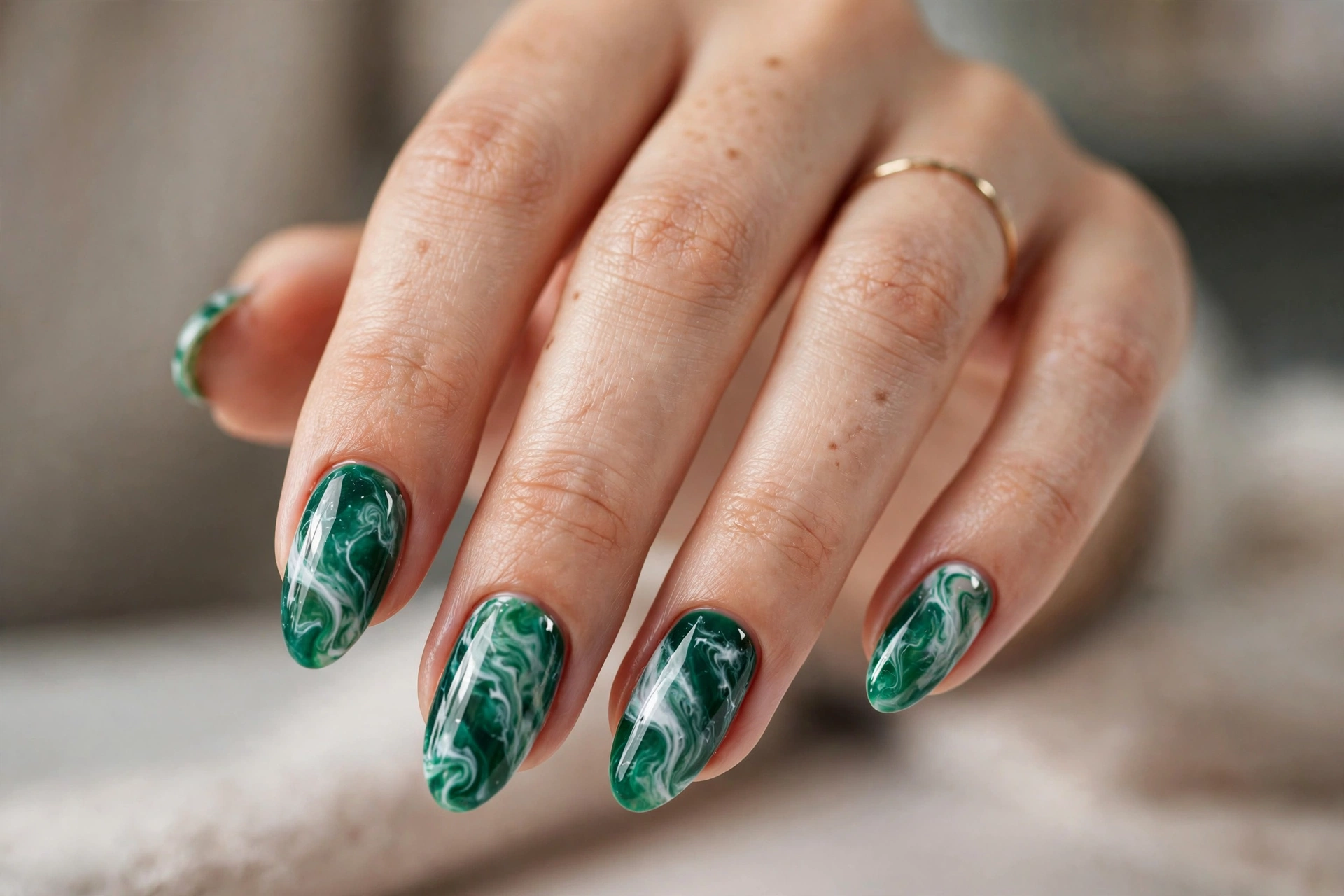 Nude nails with emerald green French tips