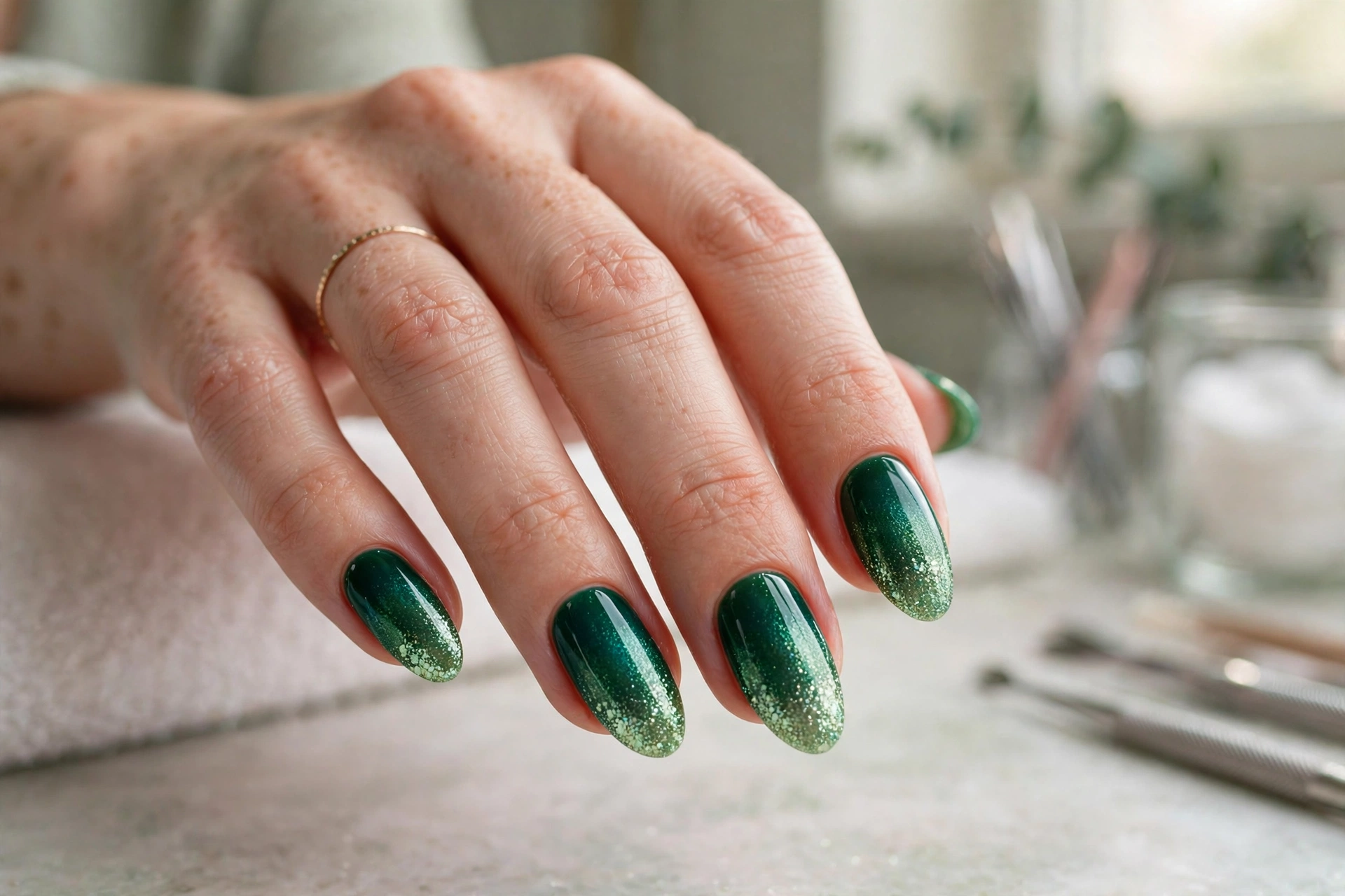 Emerald green and nude geometric color block nails