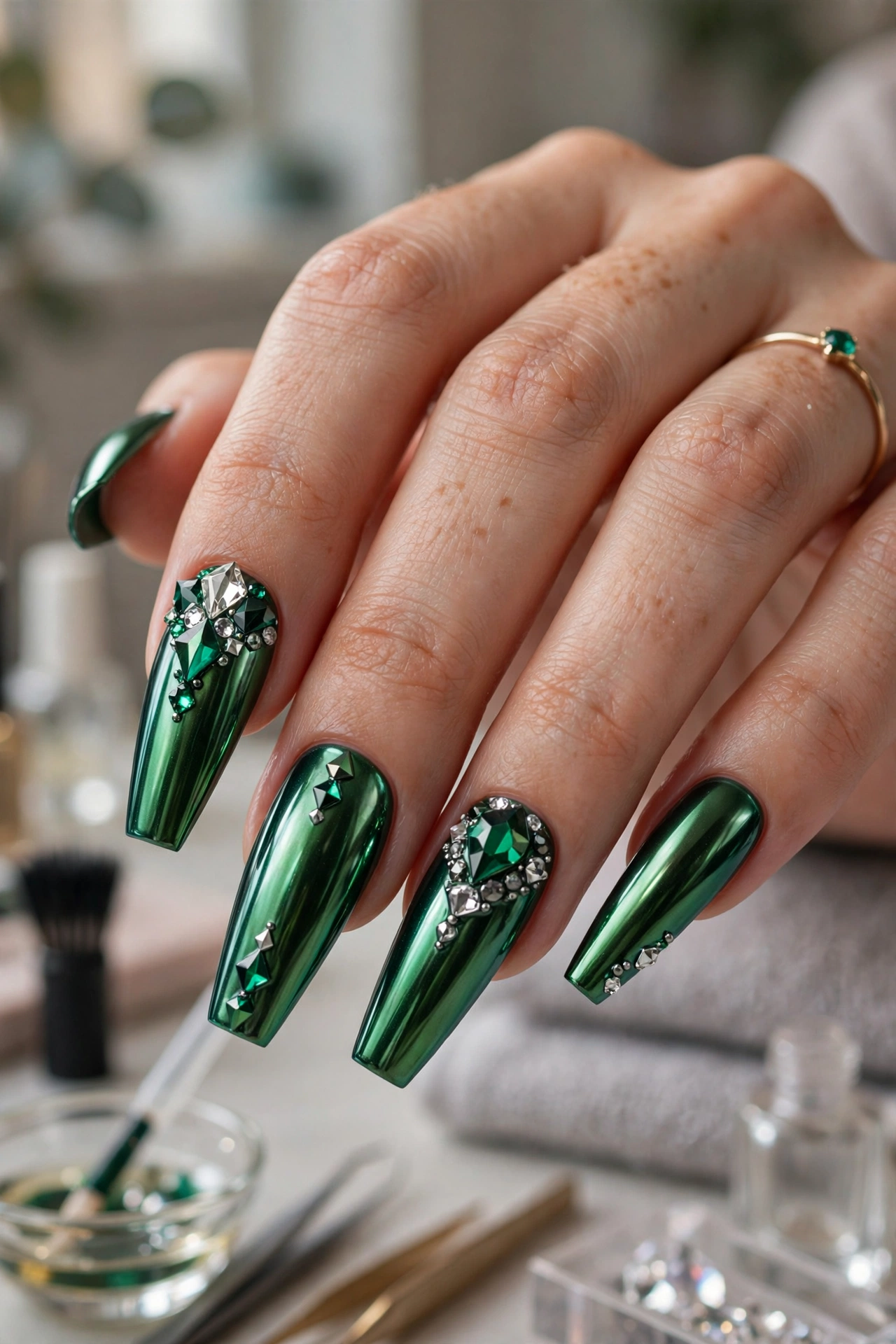 Emerald nails with molten gold metallic swirls