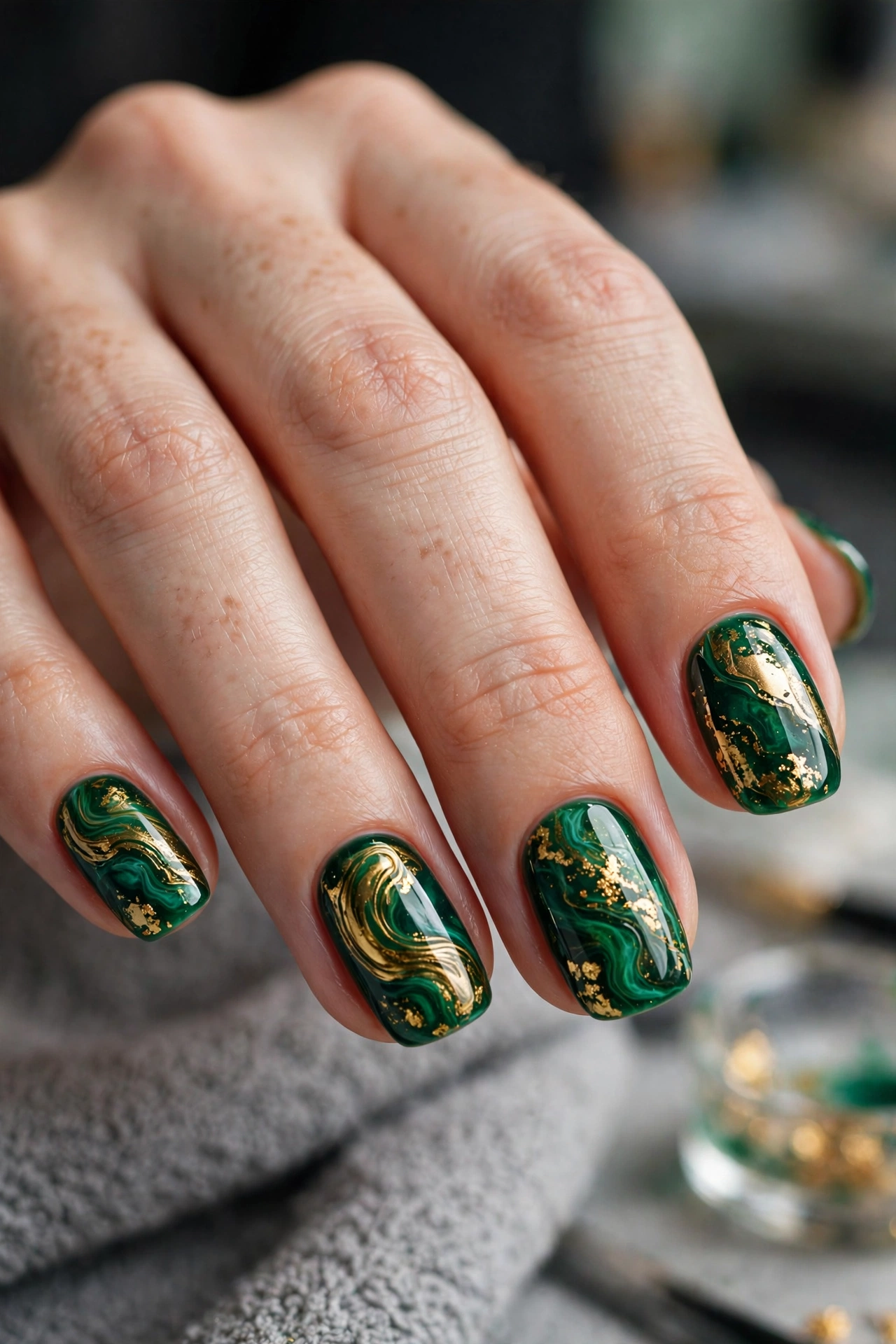Metallic emerald green chrome mirror nails