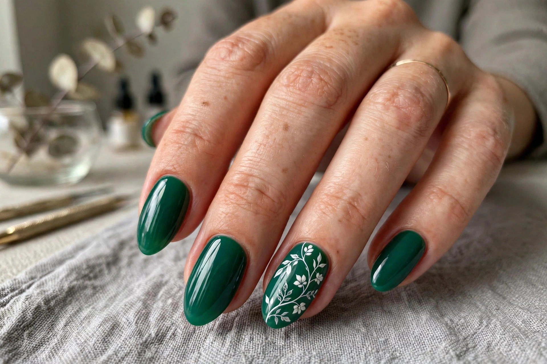 Emerald nails with white floral vine art