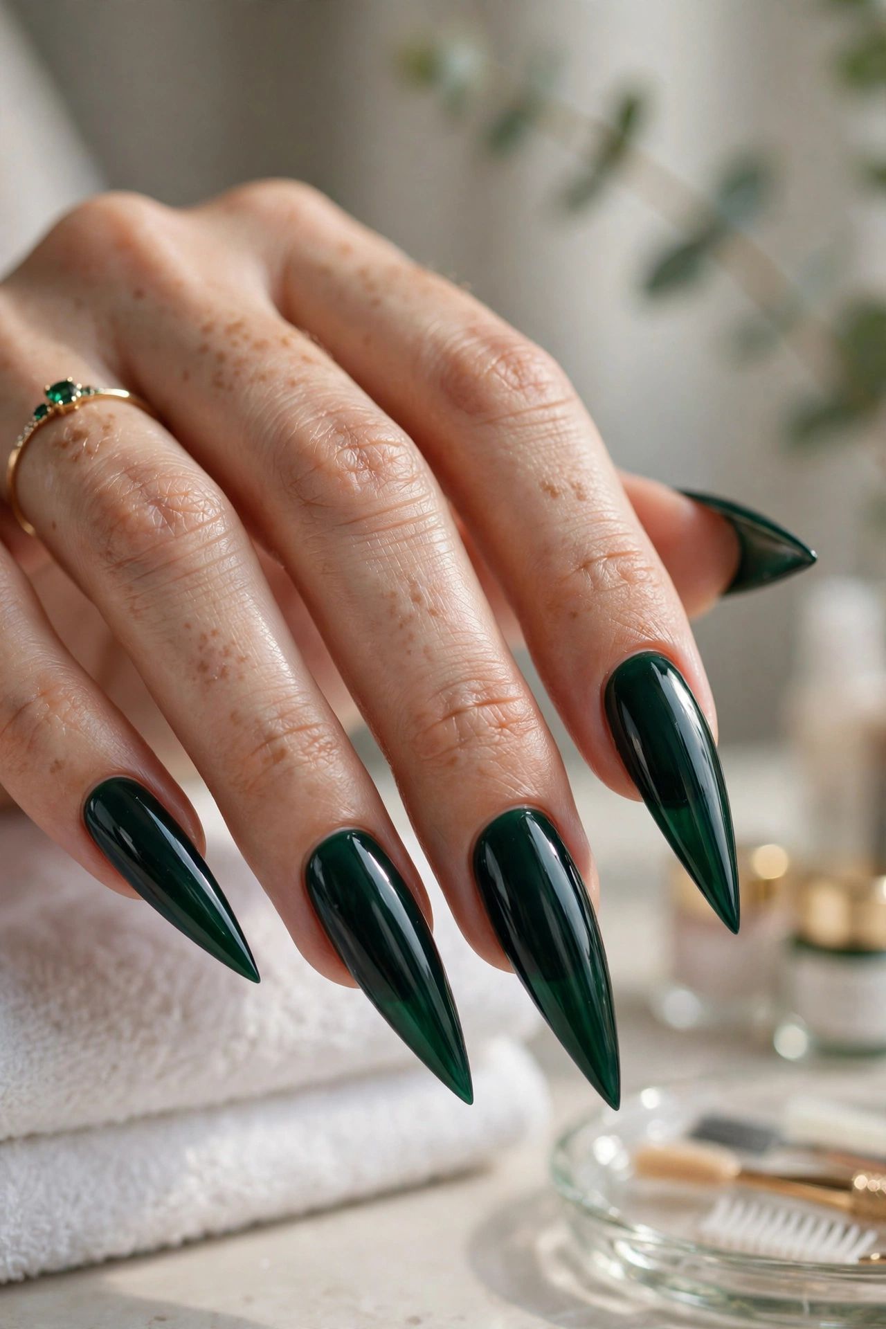 Dark emerald green stiletto nails