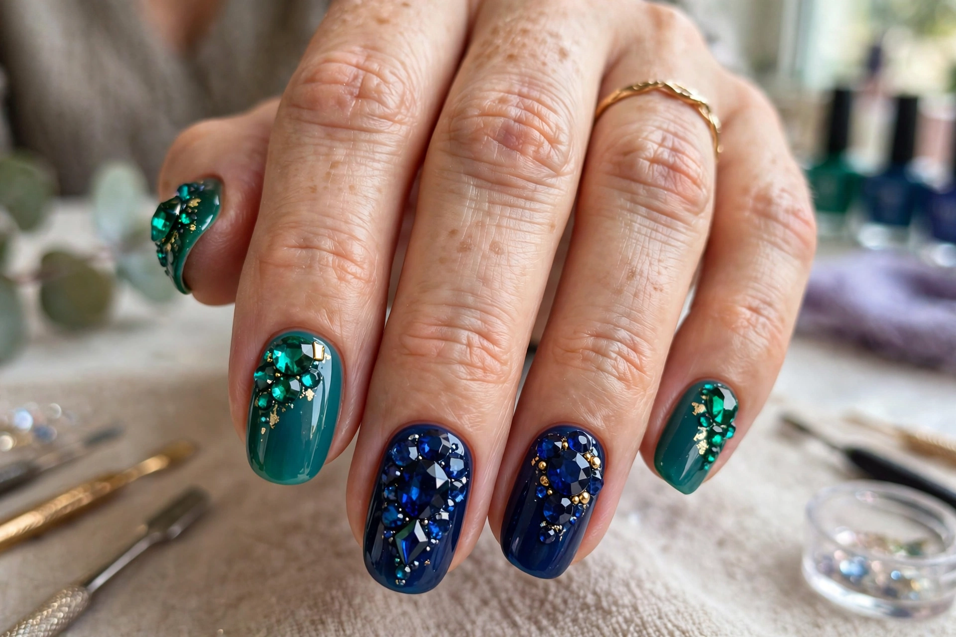 Emerald nails with silver chrome line accents