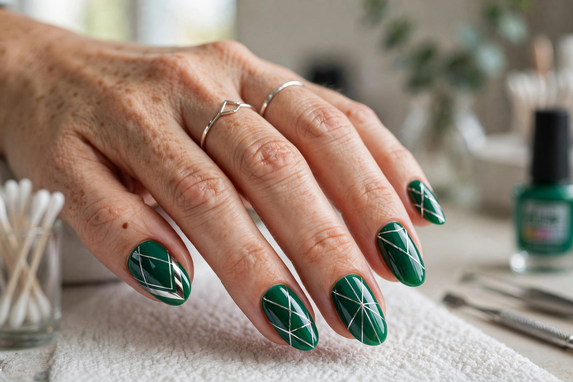 Nude nails with emerald green negative space shapes