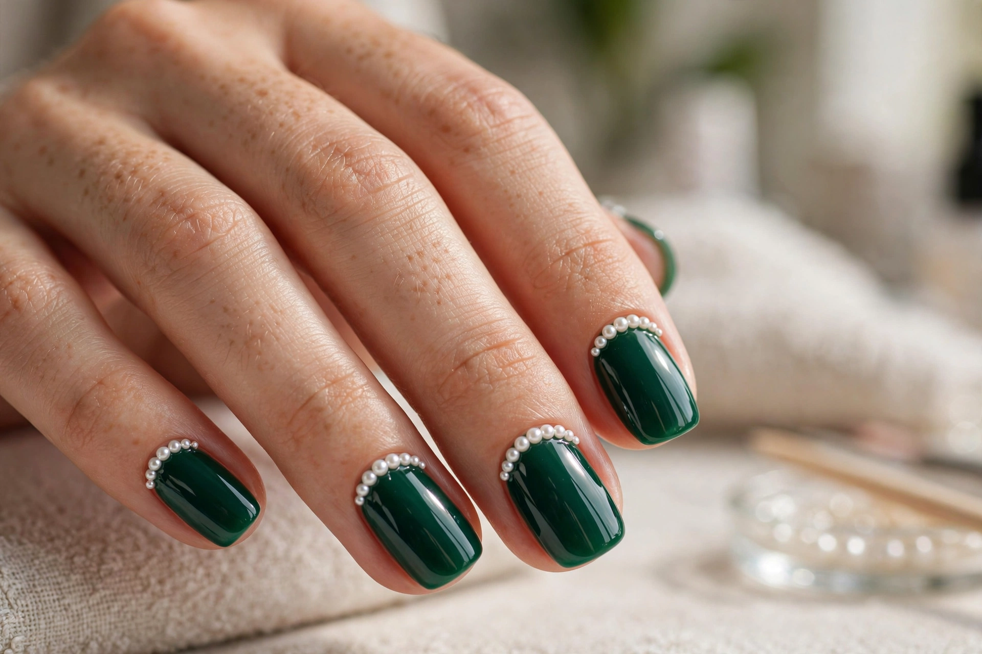 Emerald nails with white pearls along cuticle