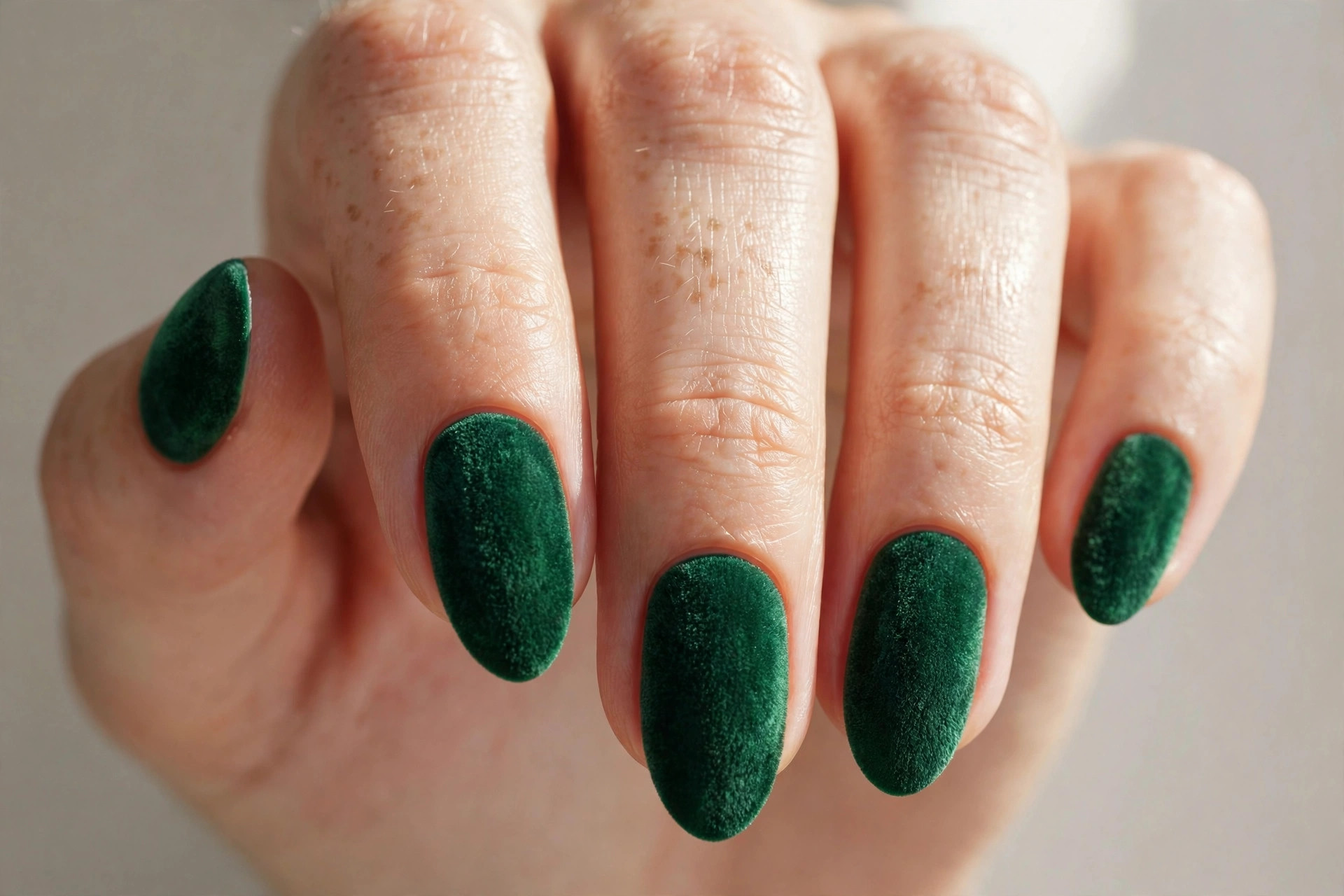 Emerald green velvet effect almond nails