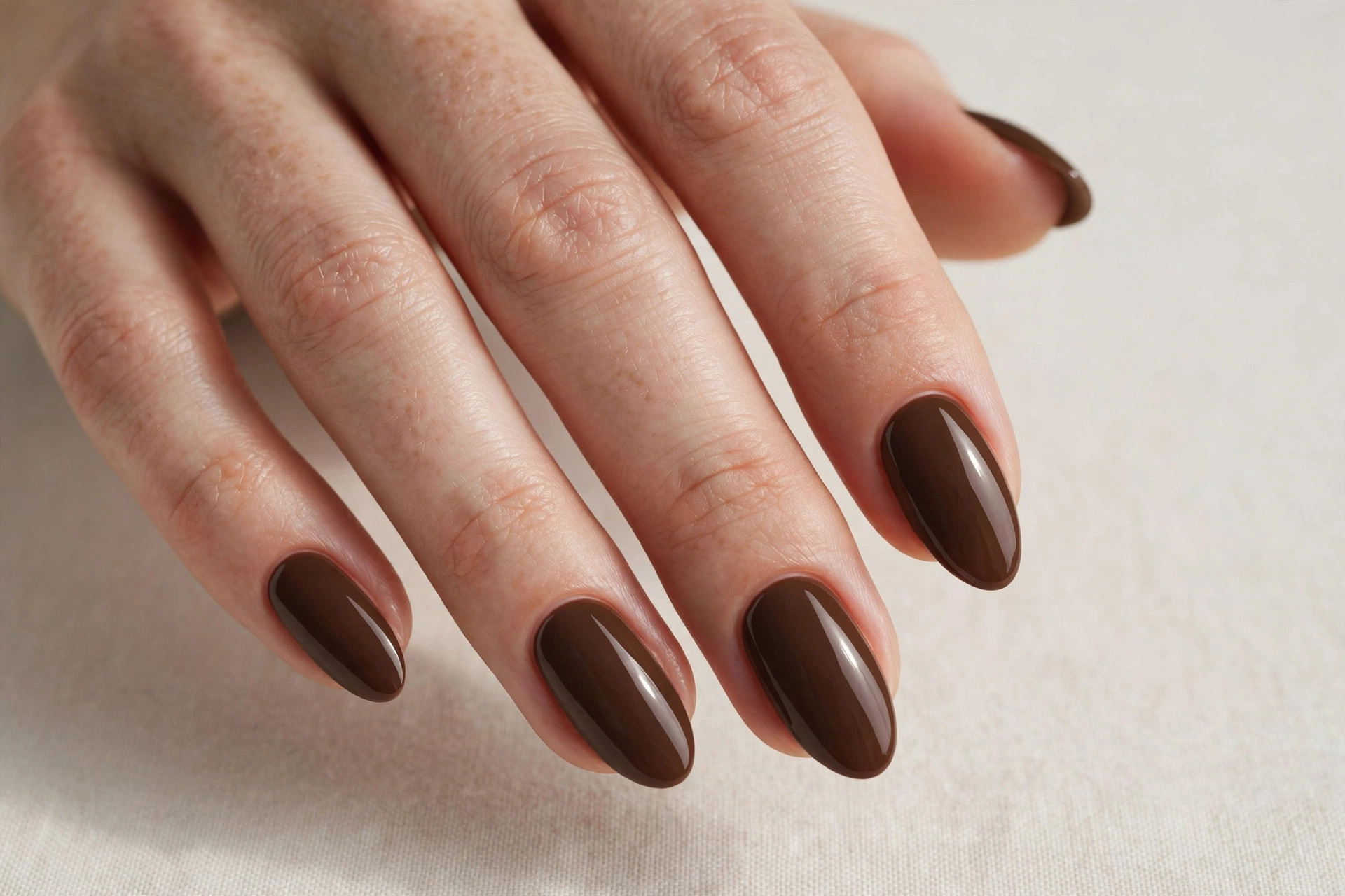 Close-up of a woman's hand with espresso brown fall manicure