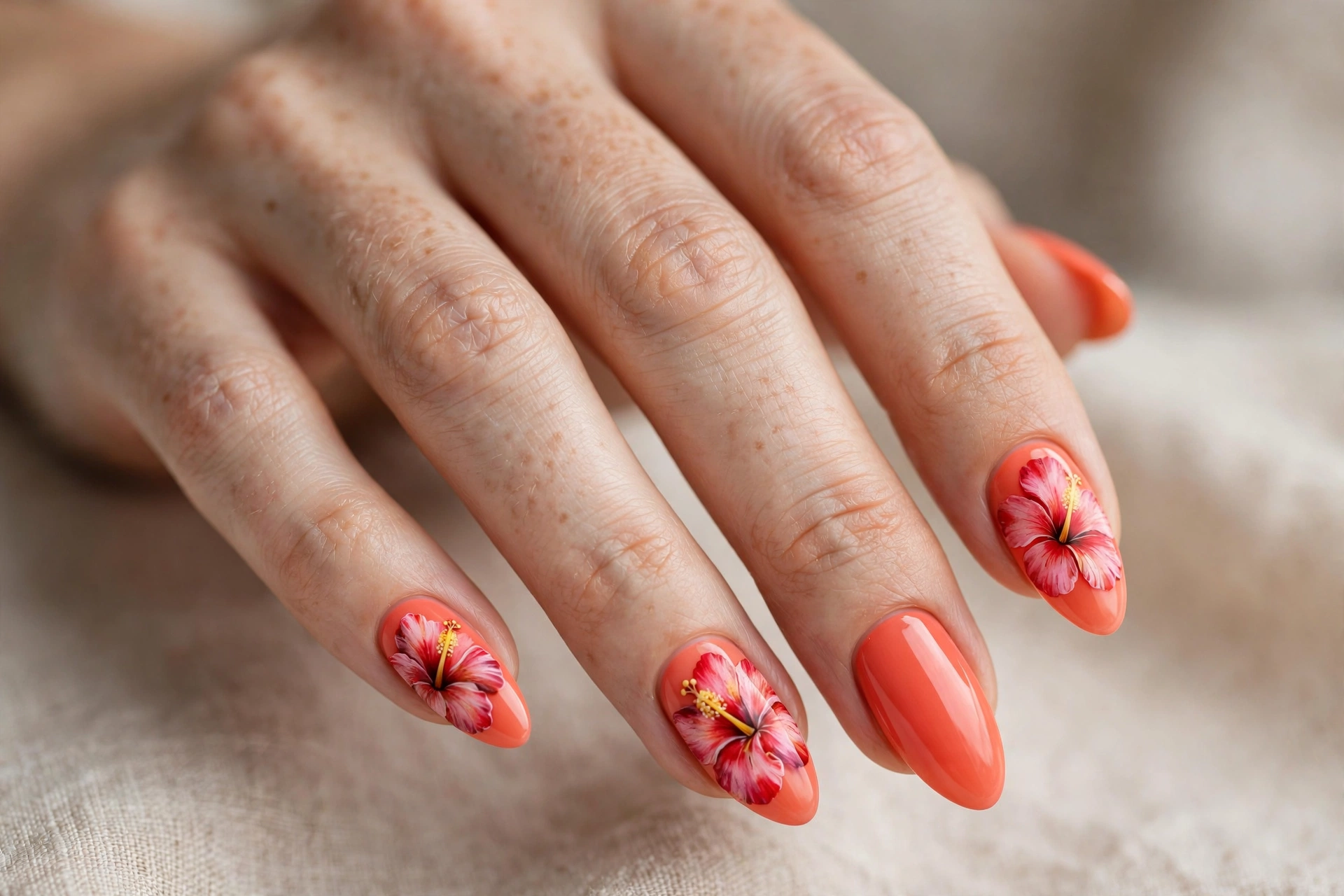 Almond shaped nails with coral hibiscus flower nail art