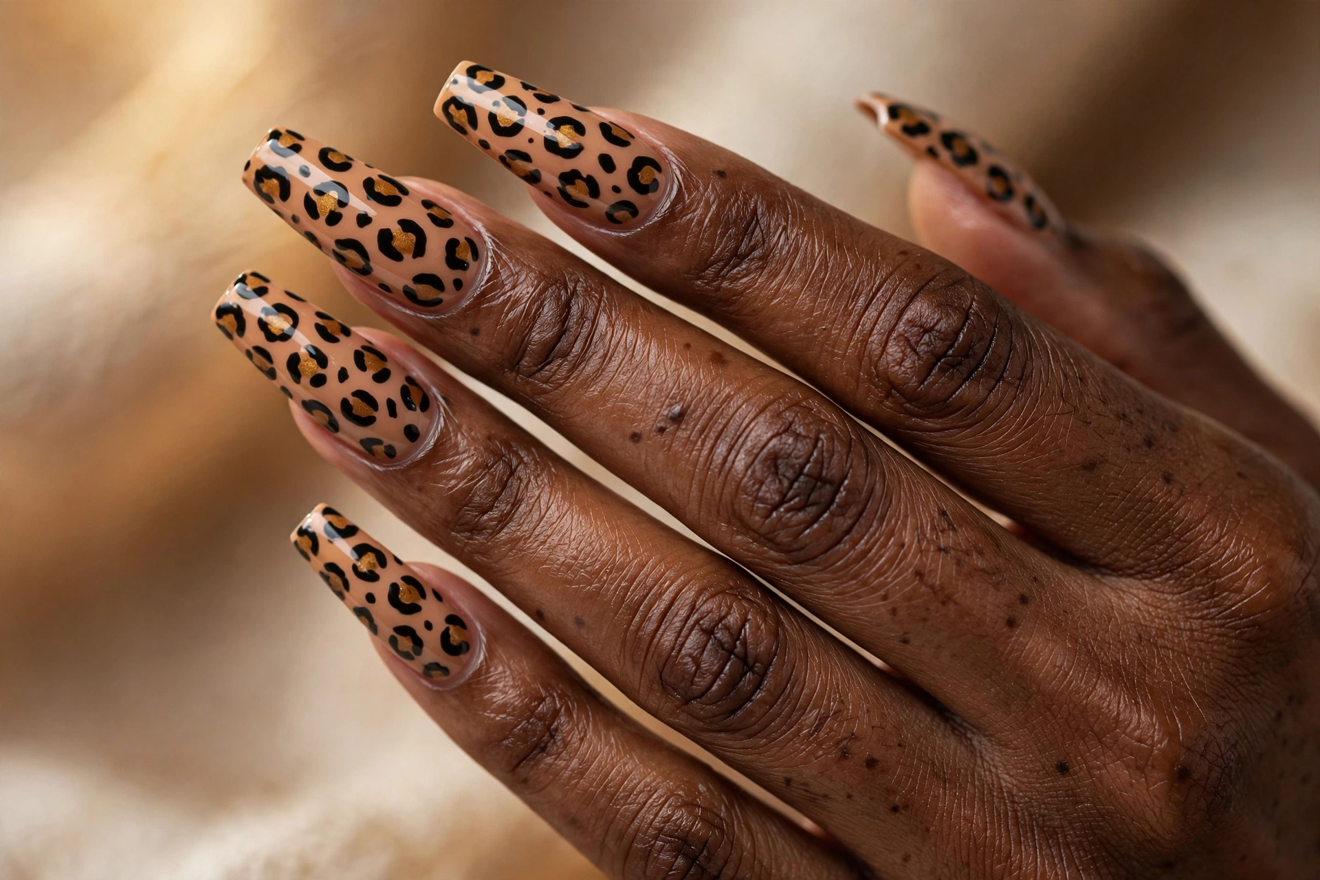 Coffin shaped nails with leopard print nail art
