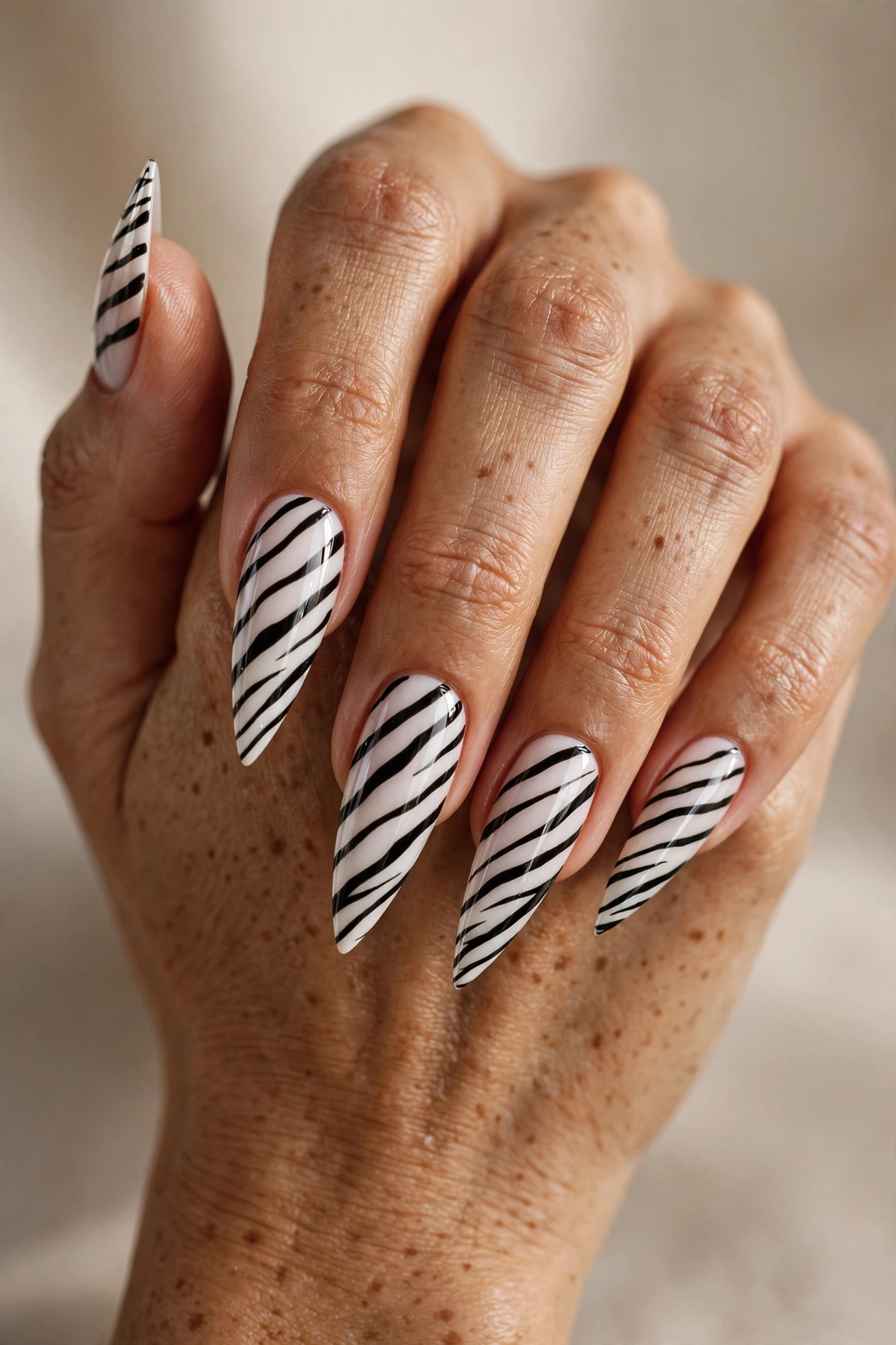 Stiletto nails with black and white zebra stripe nail art