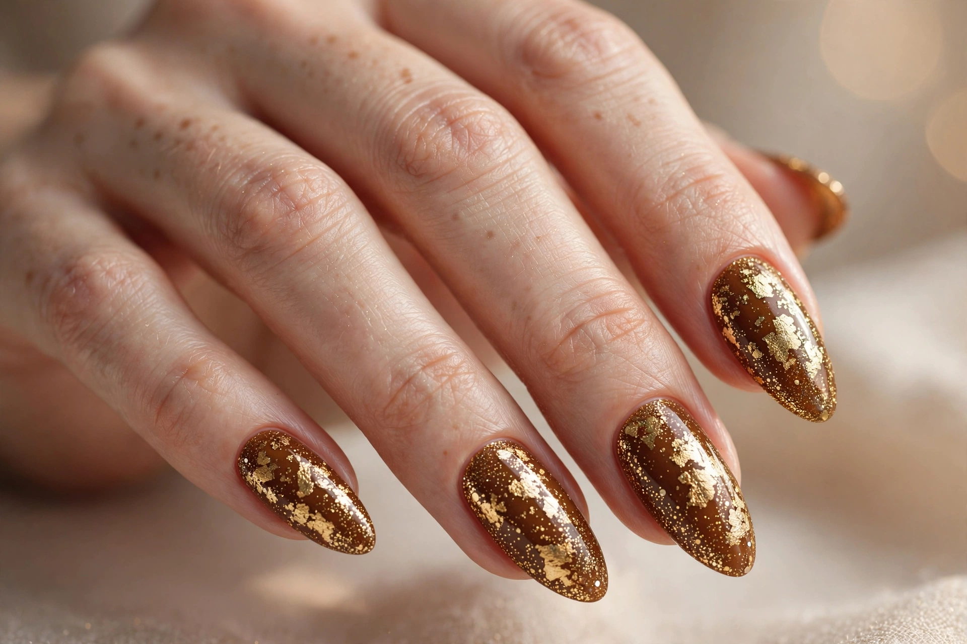 Almond shaped nails with gold foil and caramel nail art