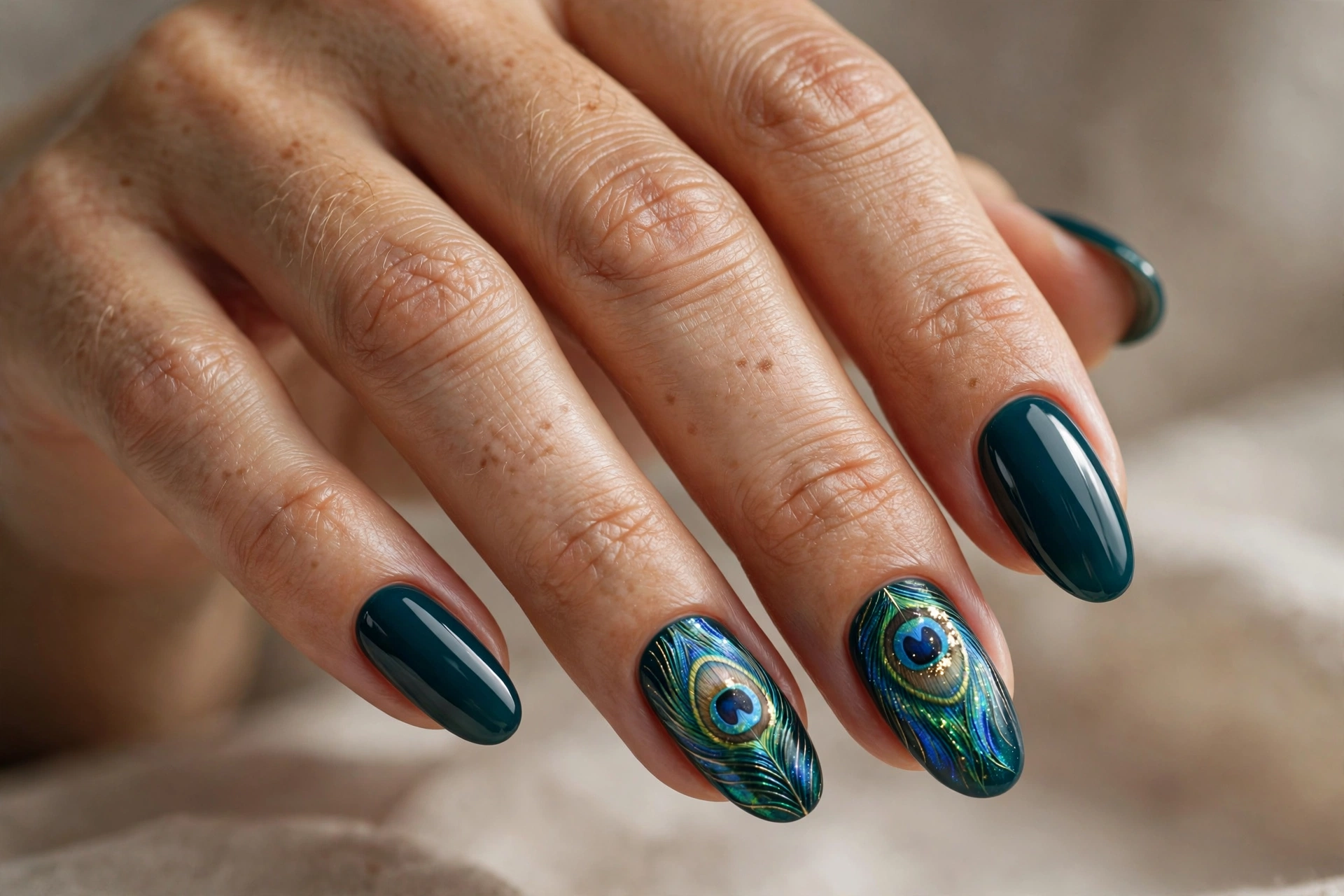 Oval nails with peacock feather nail art in teal and gold