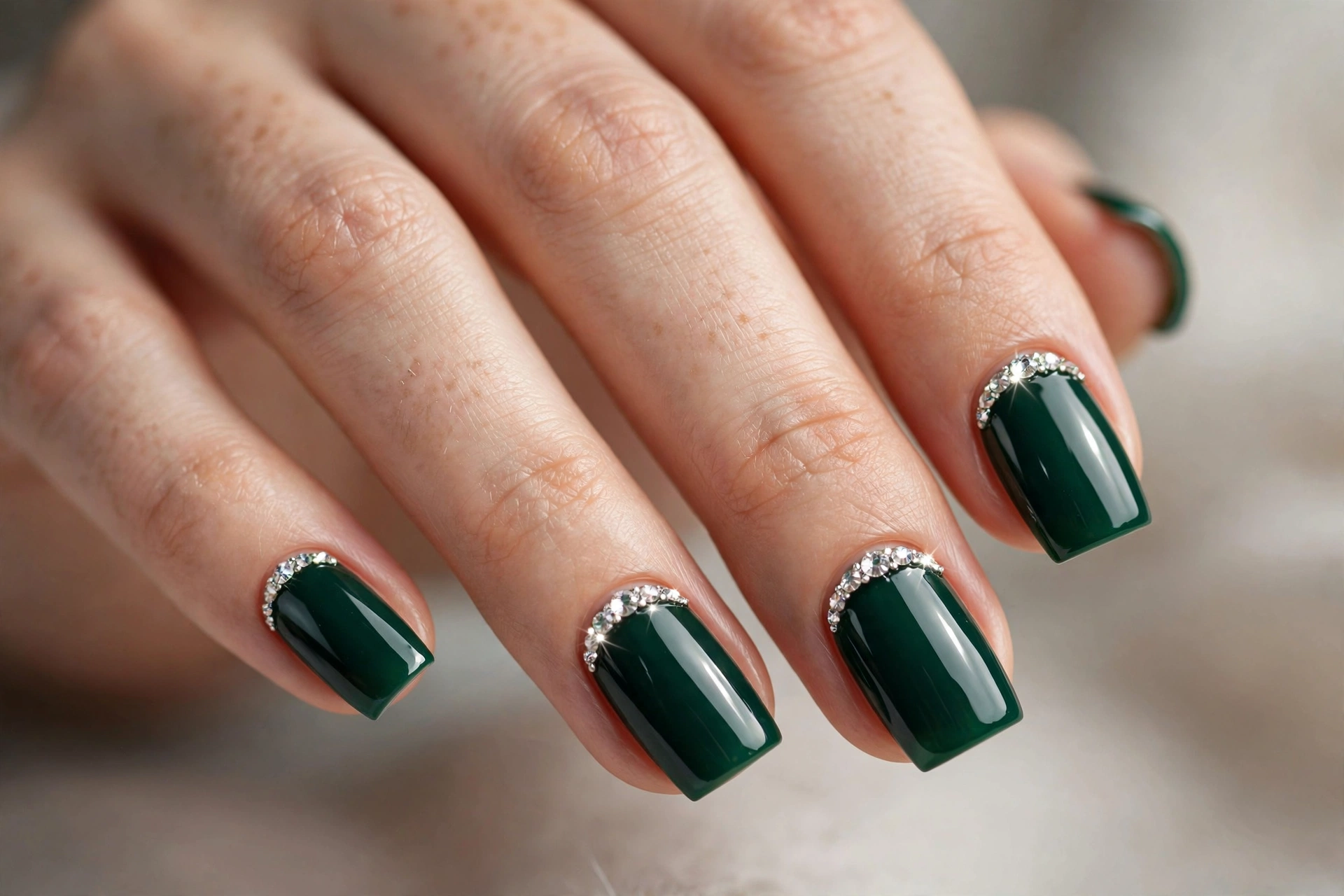 Square nails with emerald green manicure and rhinestone accents