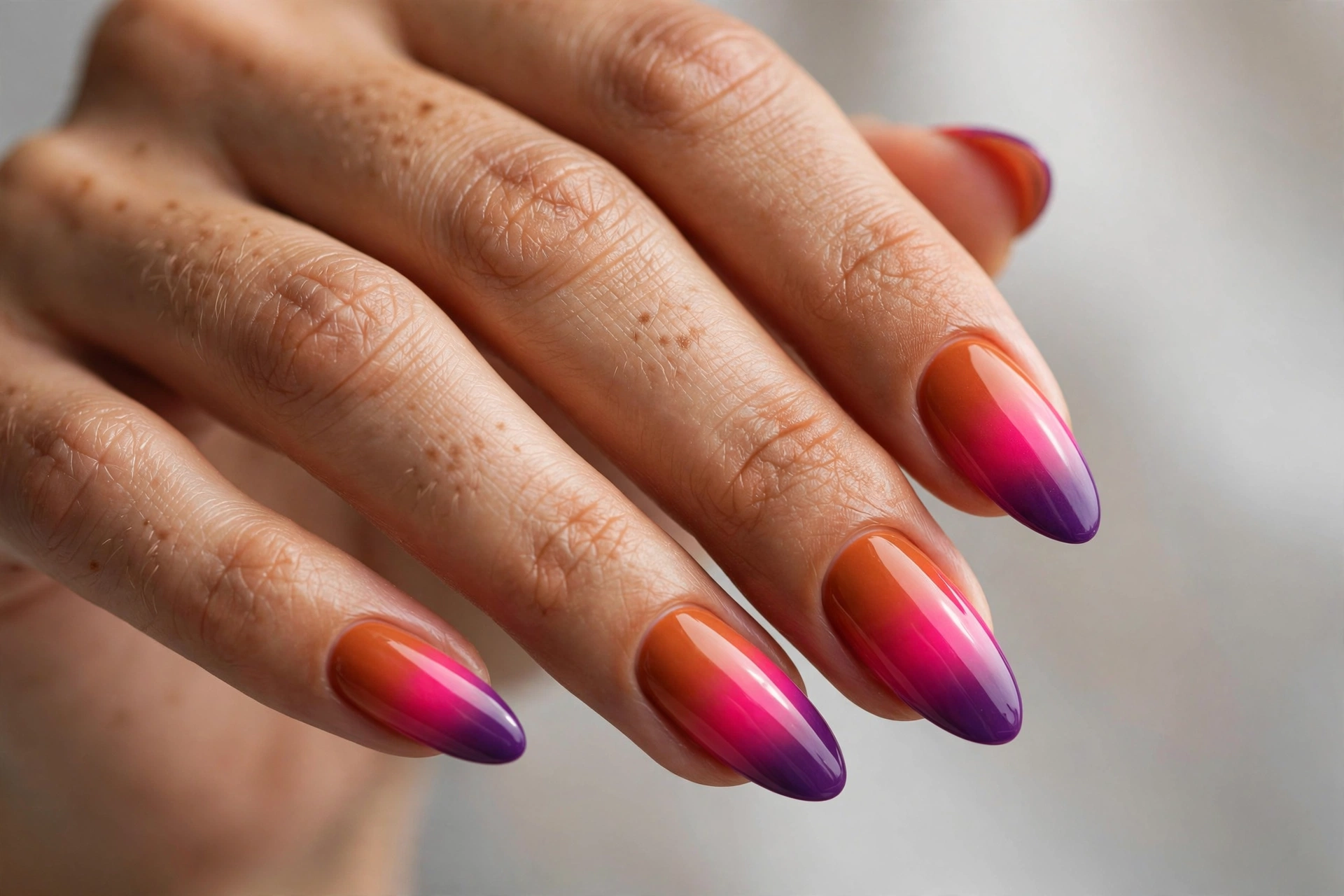 Almond shaped nails with sunset gradient ombre nail art