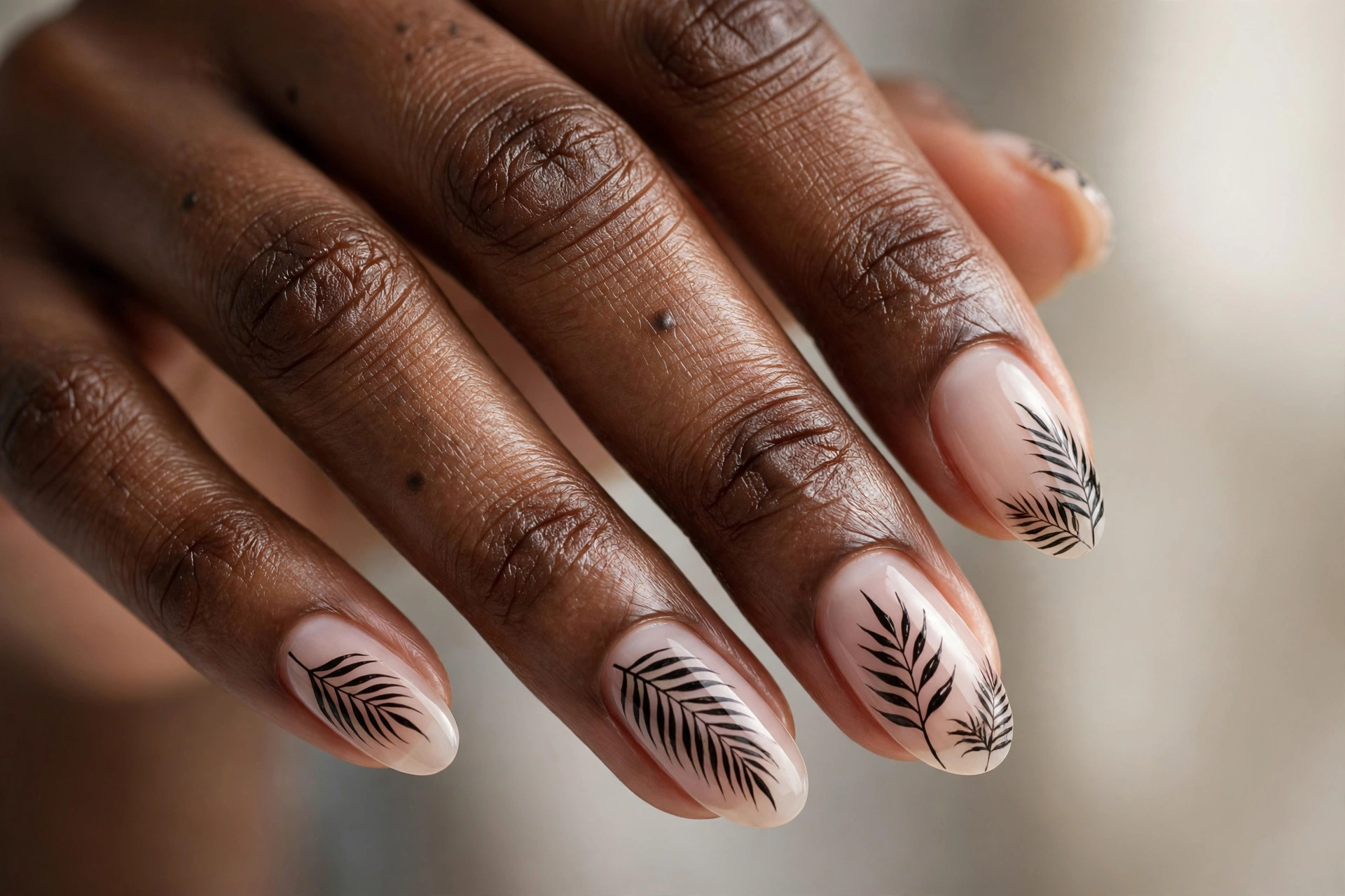 Oval nails with black palm leaf nail art on nude base