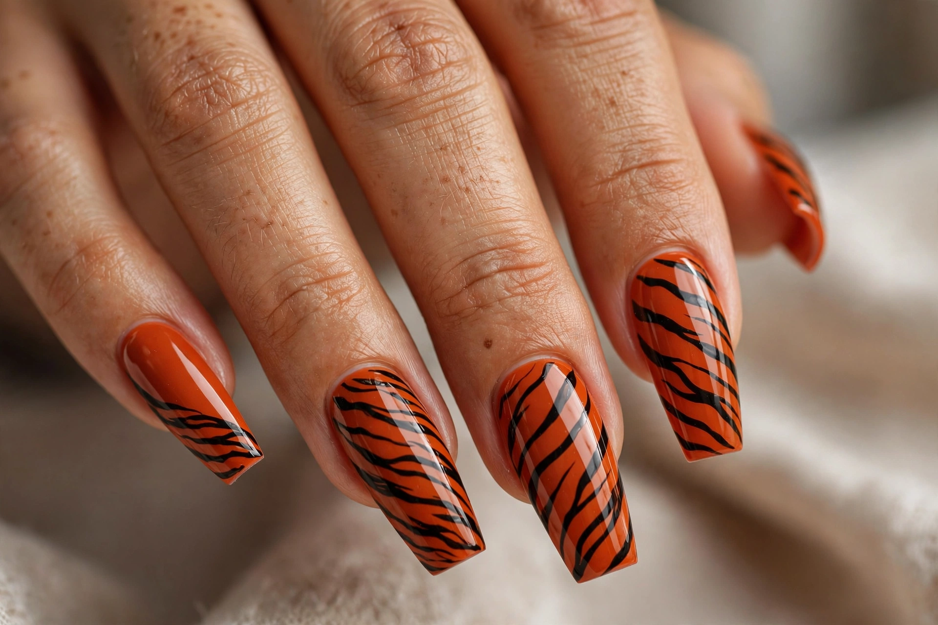 Coffin shaped nails with orange and black tiger stripe nail art