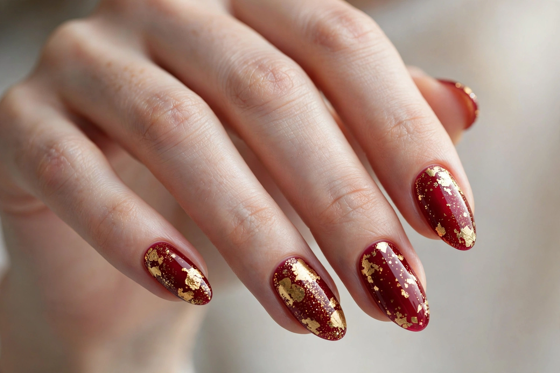 Almond shaped nails with ruby red and gold foil nail art