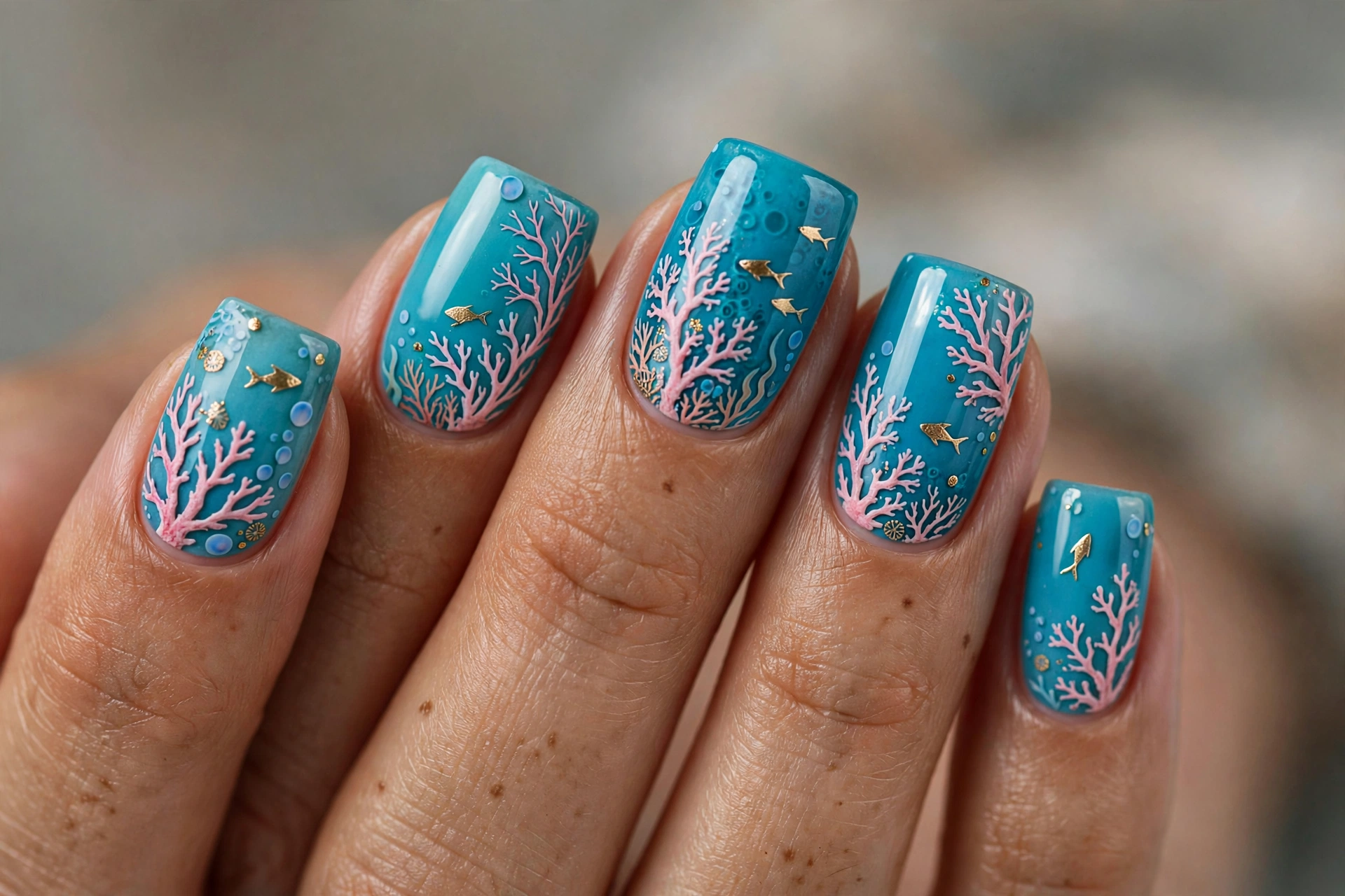 Square nails with turquoise coral reef nail art