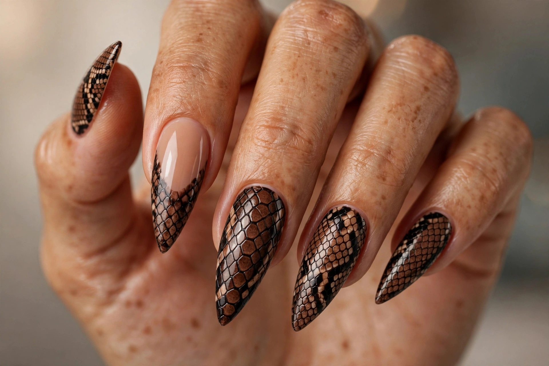 Stiletto nails with python snakeskin nail art