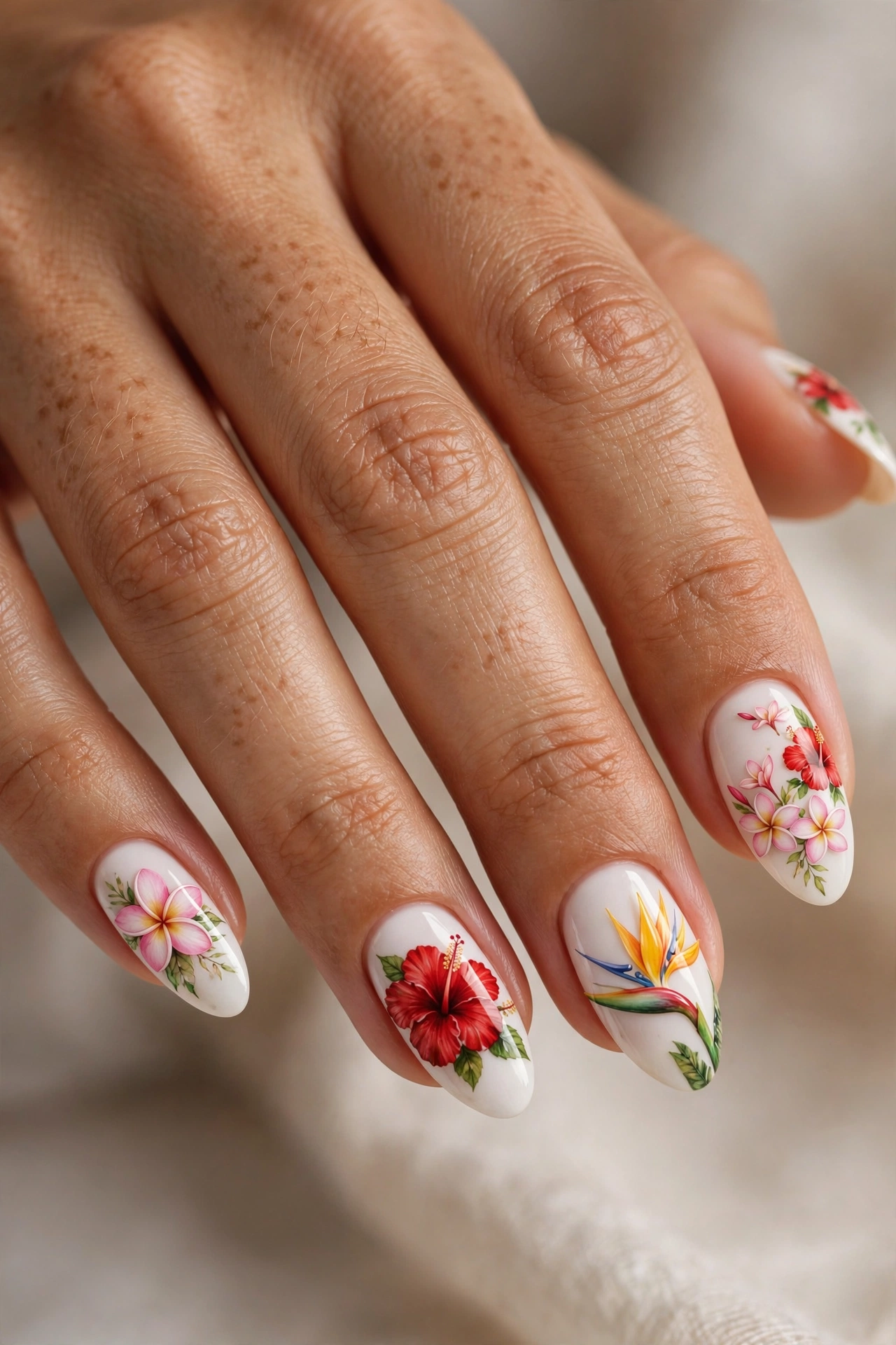 Almond shaped nails with mixed tropical flower nail art