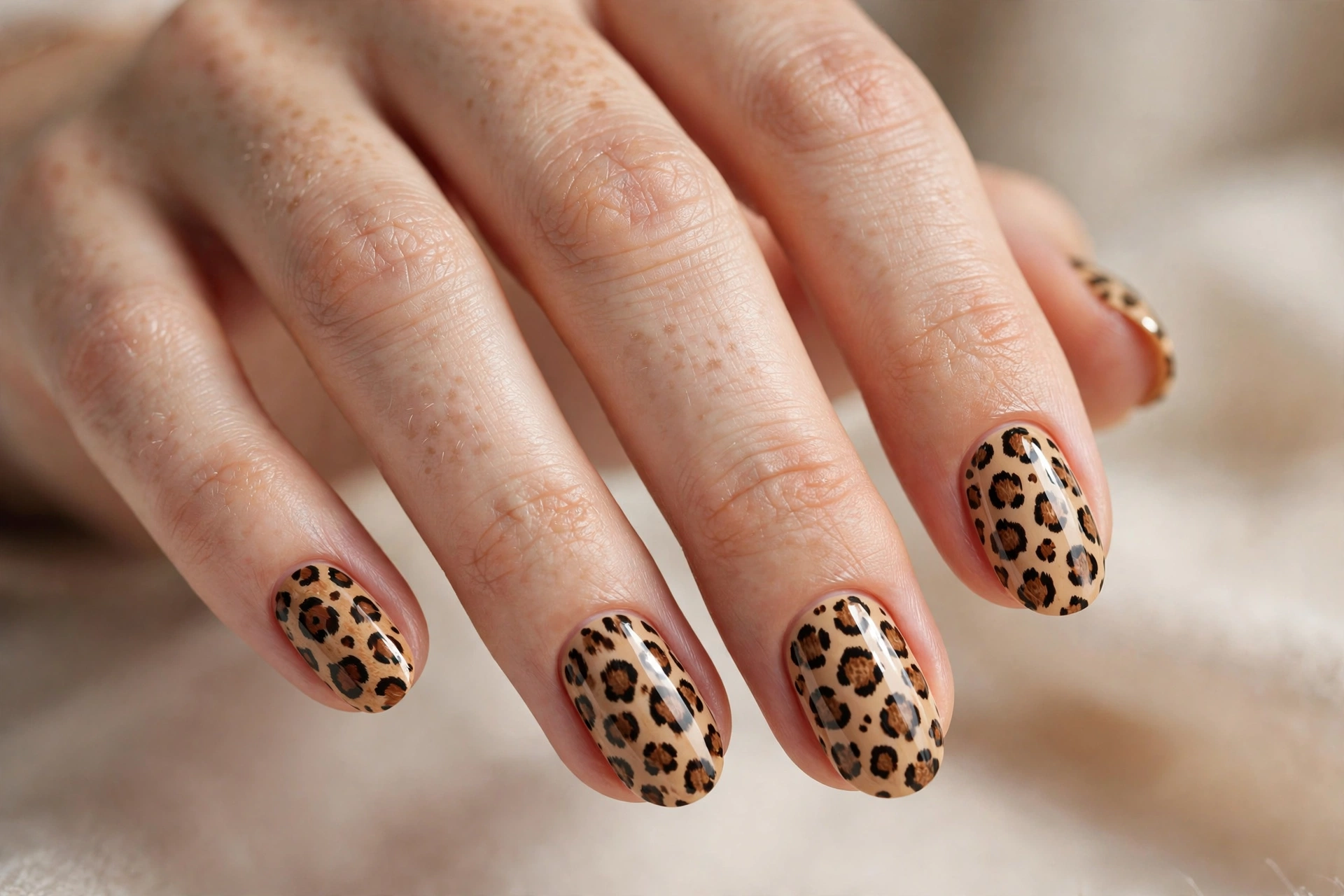Oval nails with cheetah print nail art on beige base