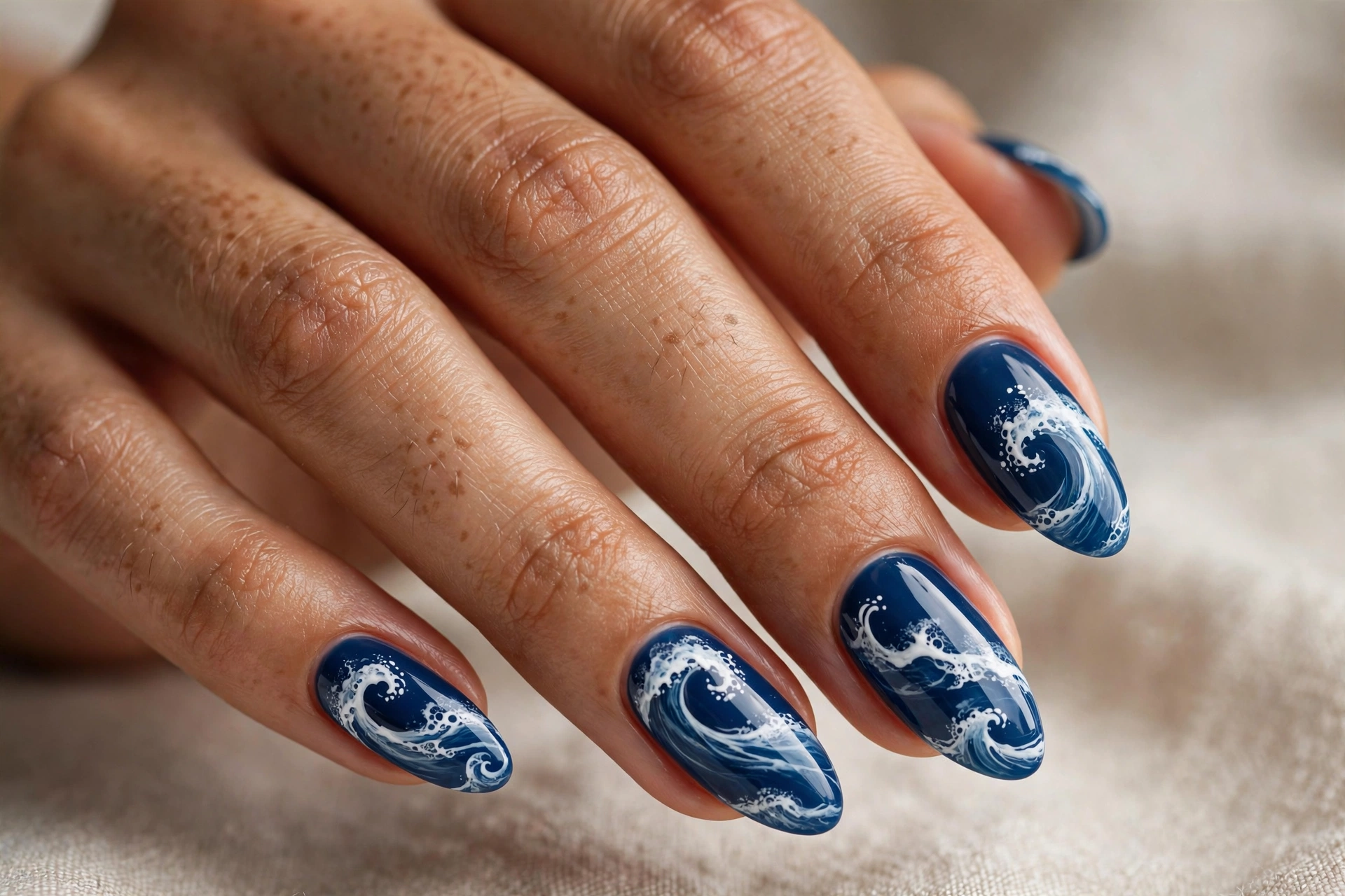 Almond shaped nails with sapphire blue wave nail art