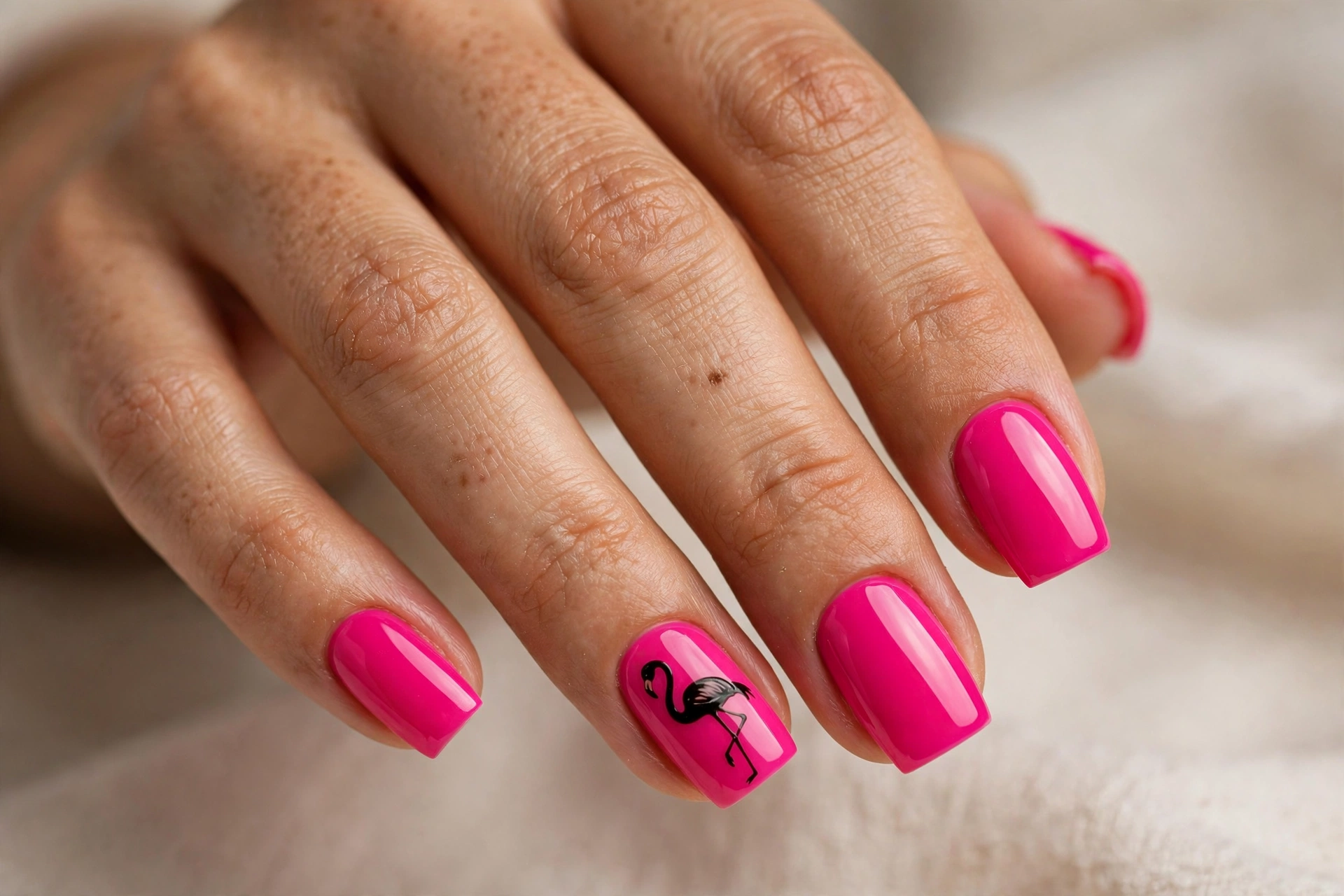 Square nails with hot pink manicure and flamingo accent nail