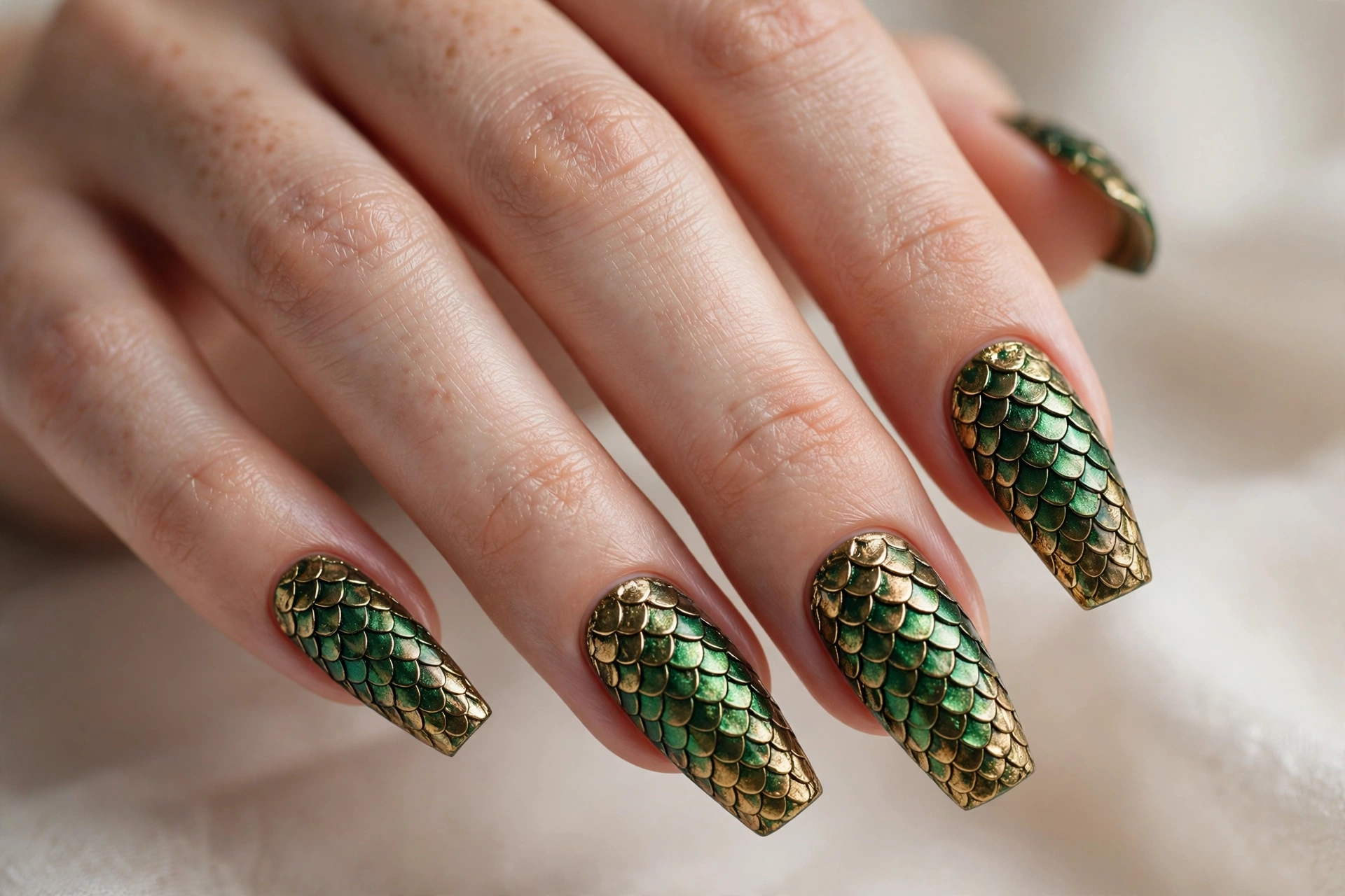 Coffin nails with metallic green and gold dragon scale nail art