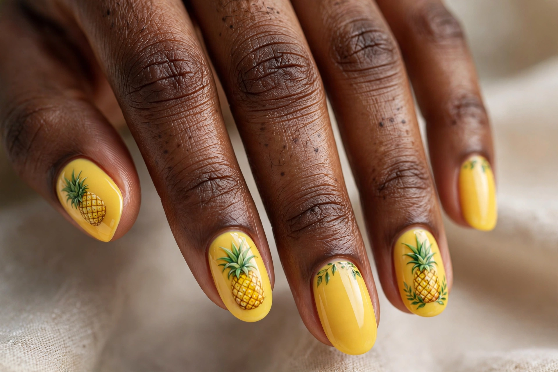 Oval nails with yellow pineapple nail art