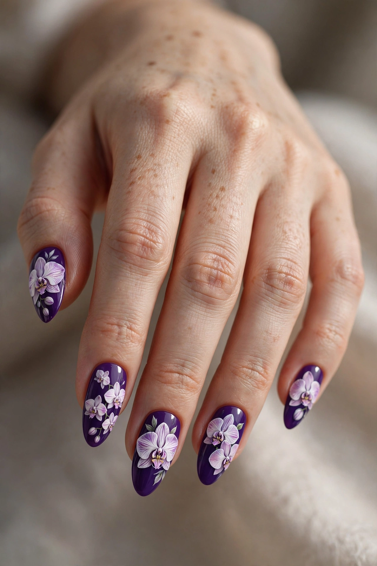 Almond shaped nails with violet orchid flower nail art