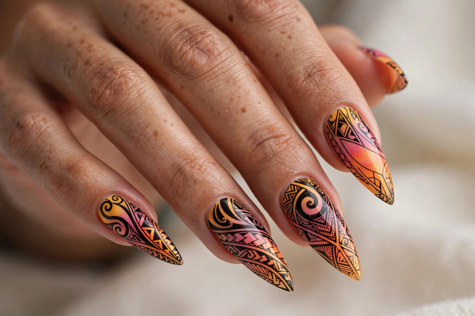 Stiletto nails with tribal line art over sunset colors