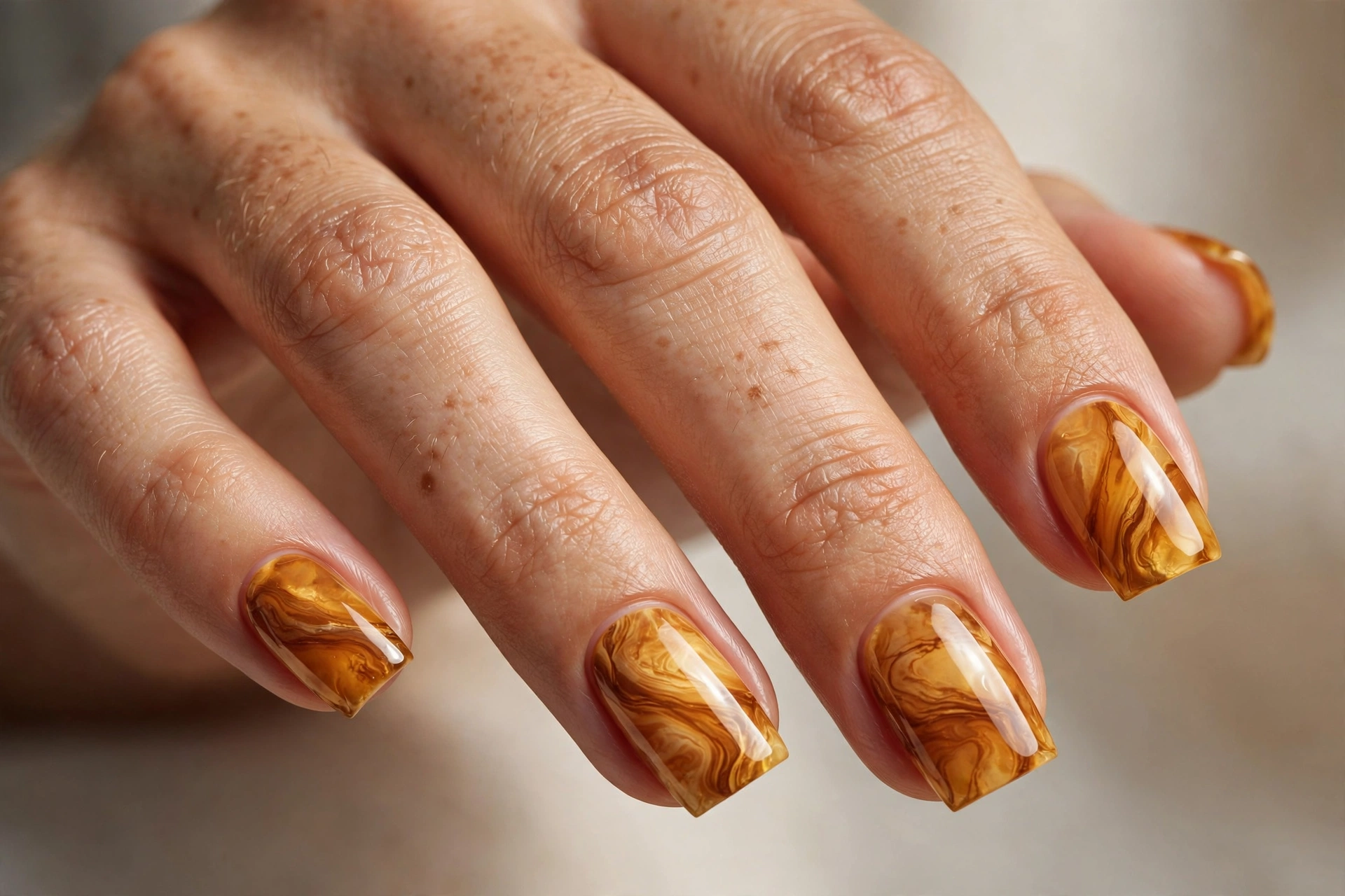 Square nails with amber honey marble nail art