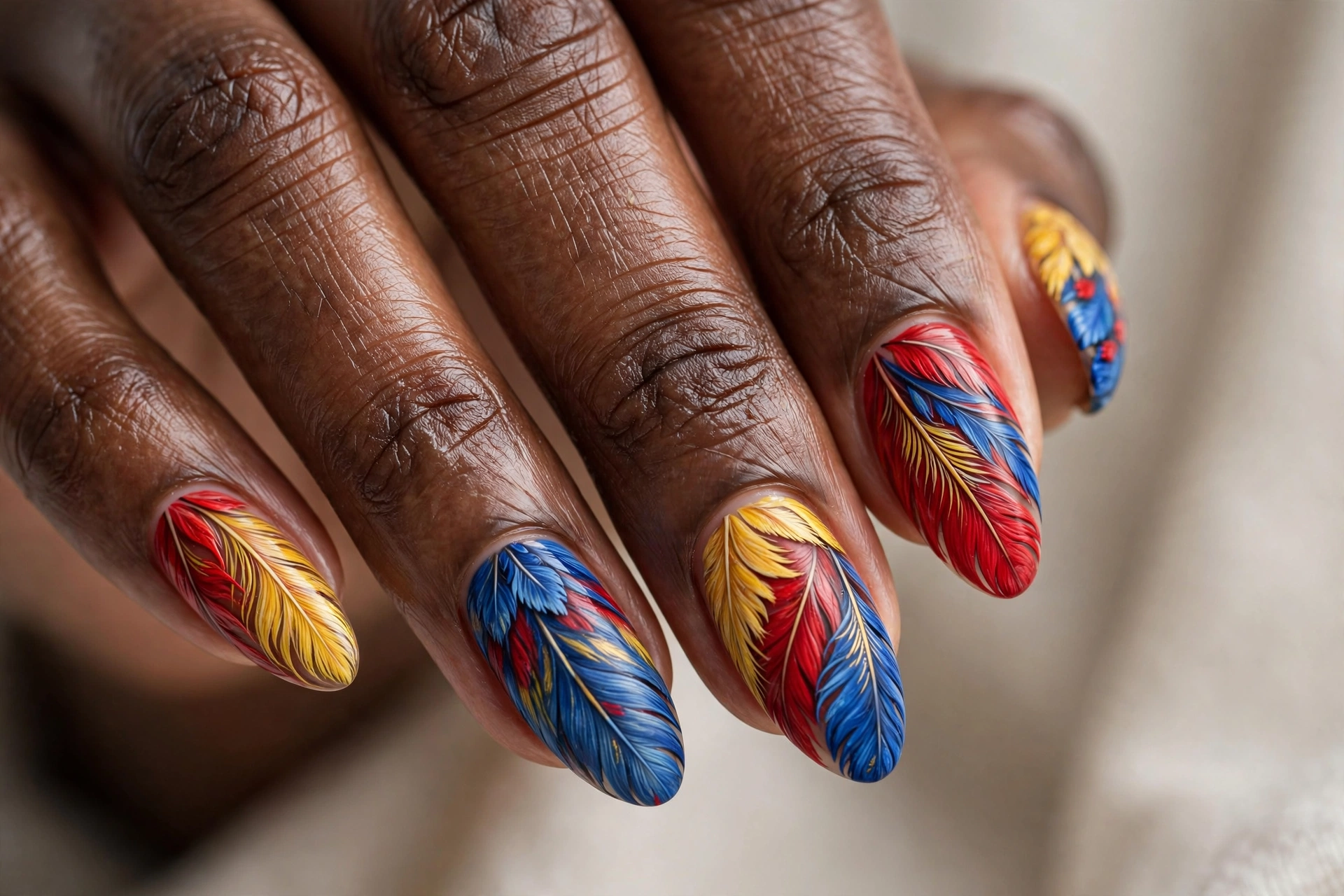 Almond shaped nails with colorful macaw feather nail art
