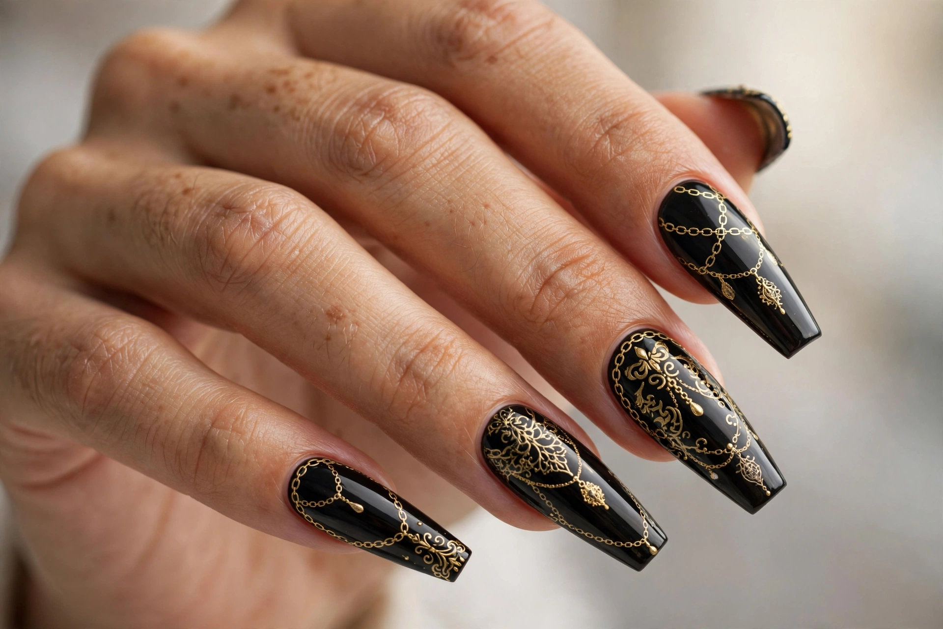 Coffin nails with black manicure and gold chain nail art