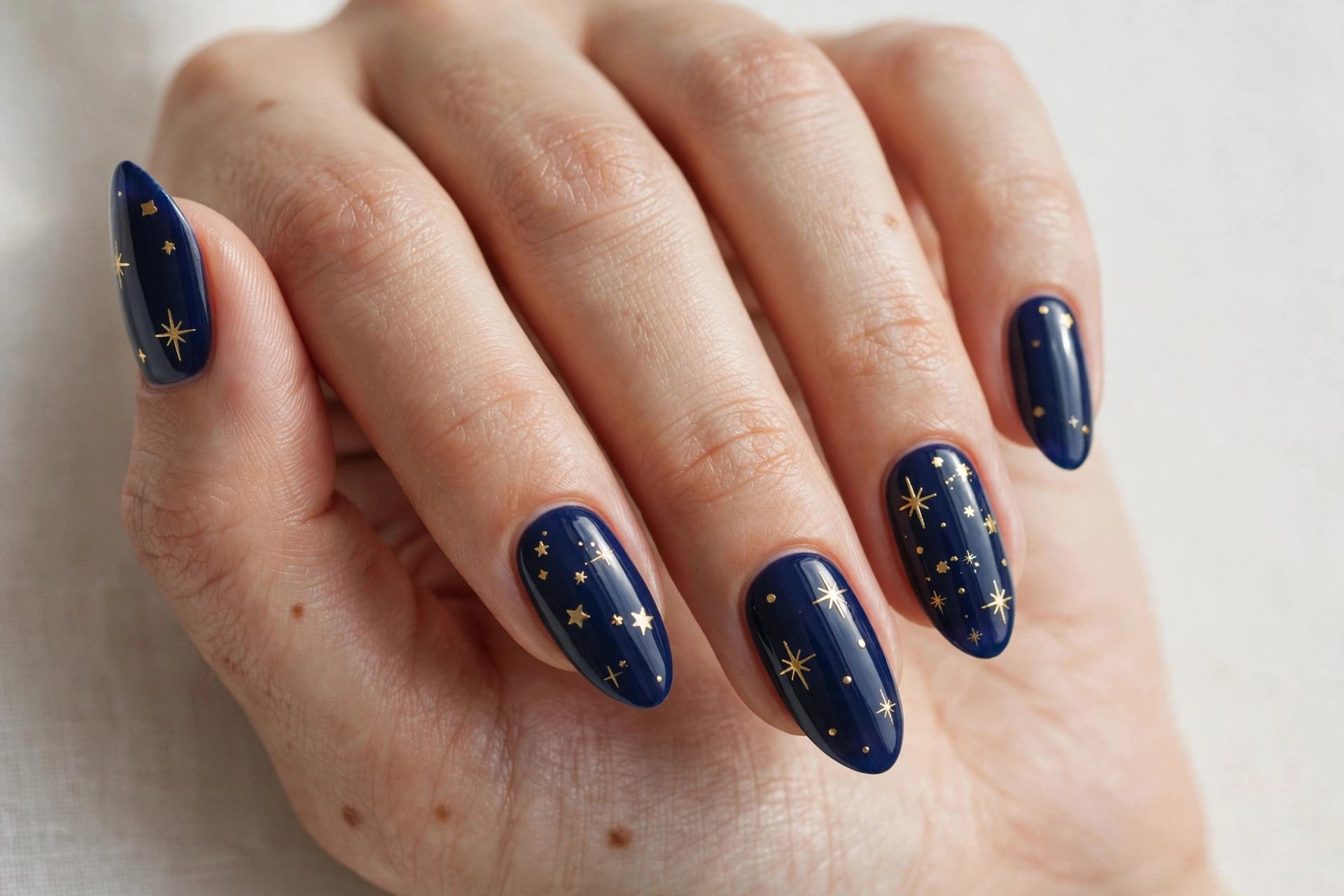 Midnight navy press-on nails with gold star nail art