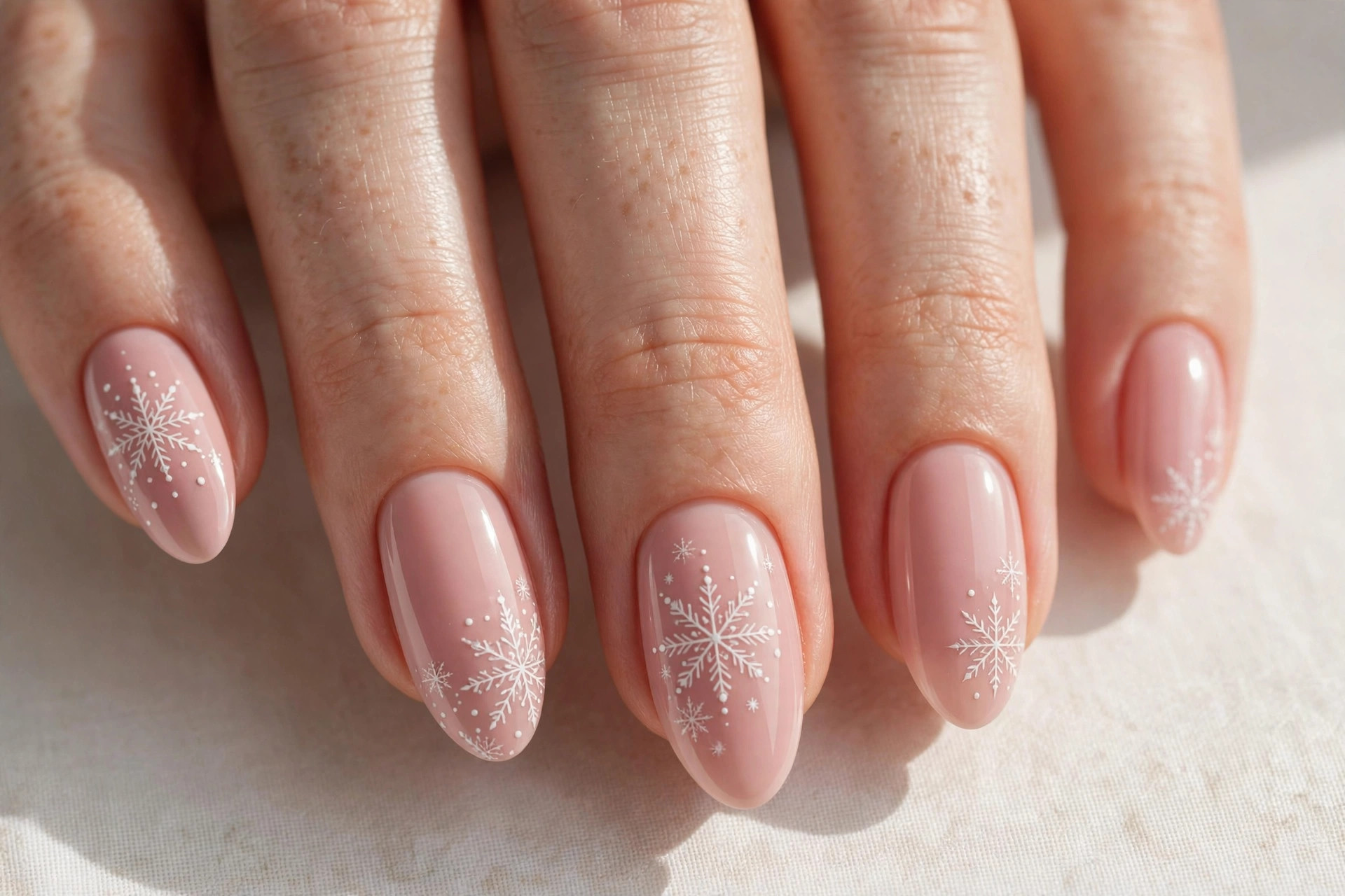 Blush pink press-on nails with snowflake nail art