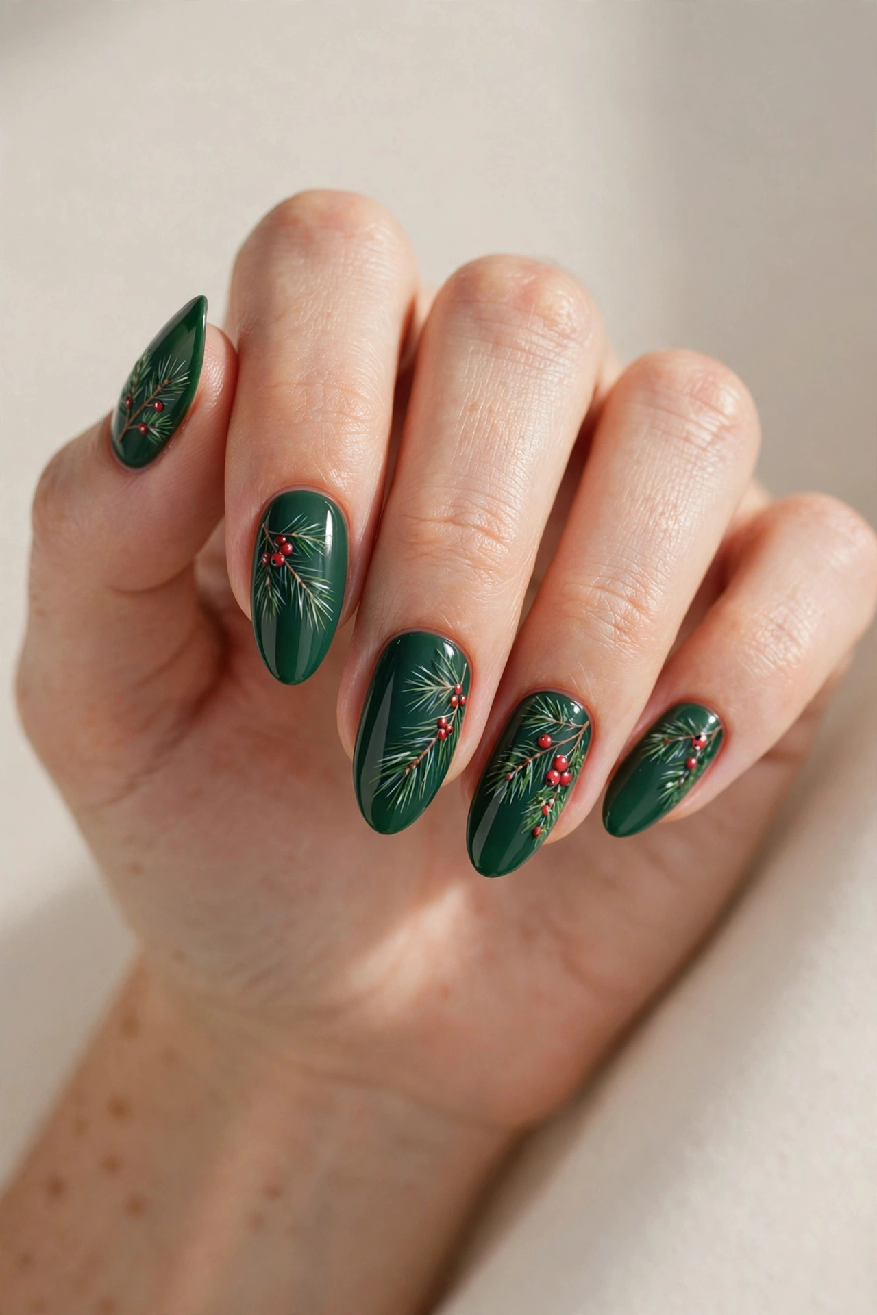 Pine branch and berry nail art Christmas press-on nails