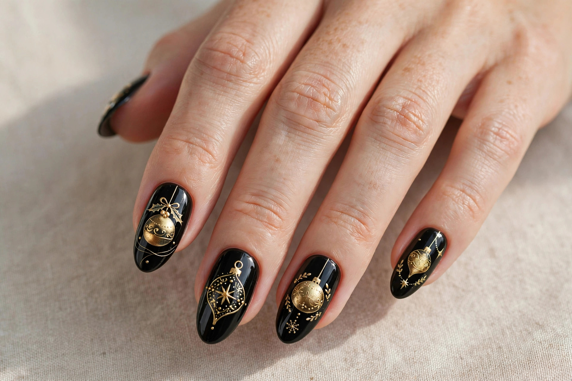 Black press-on nails with gold christmas ornament nail art