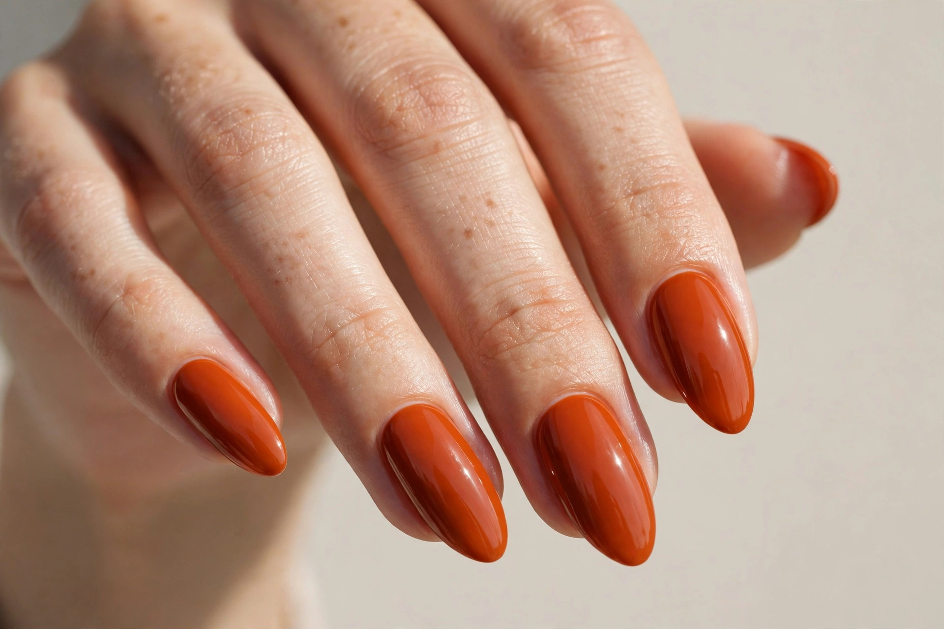 Woman's hand with glossy solid burnt orange almond nails