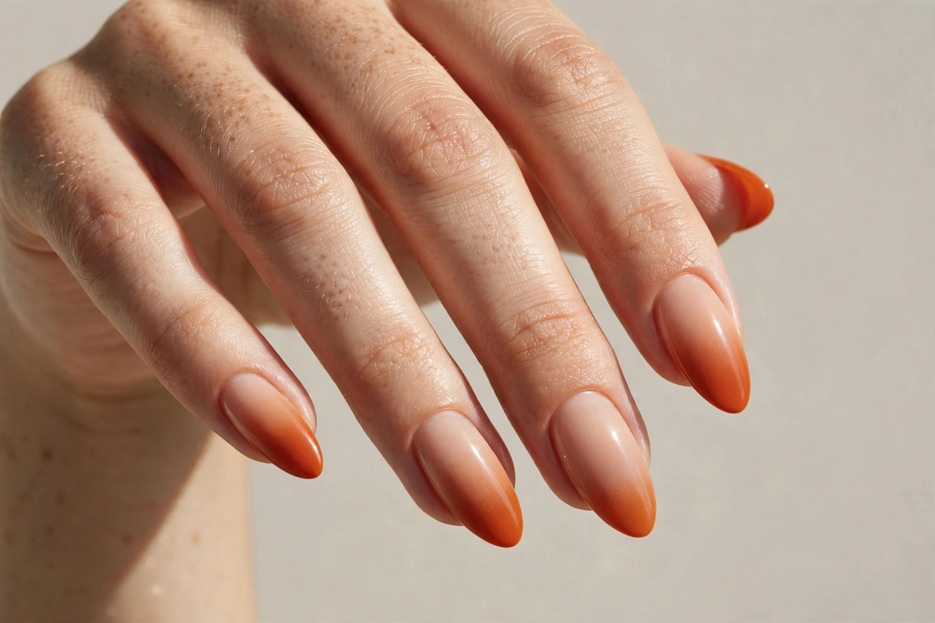 Burnt orange to nude gradient ombre almond nails