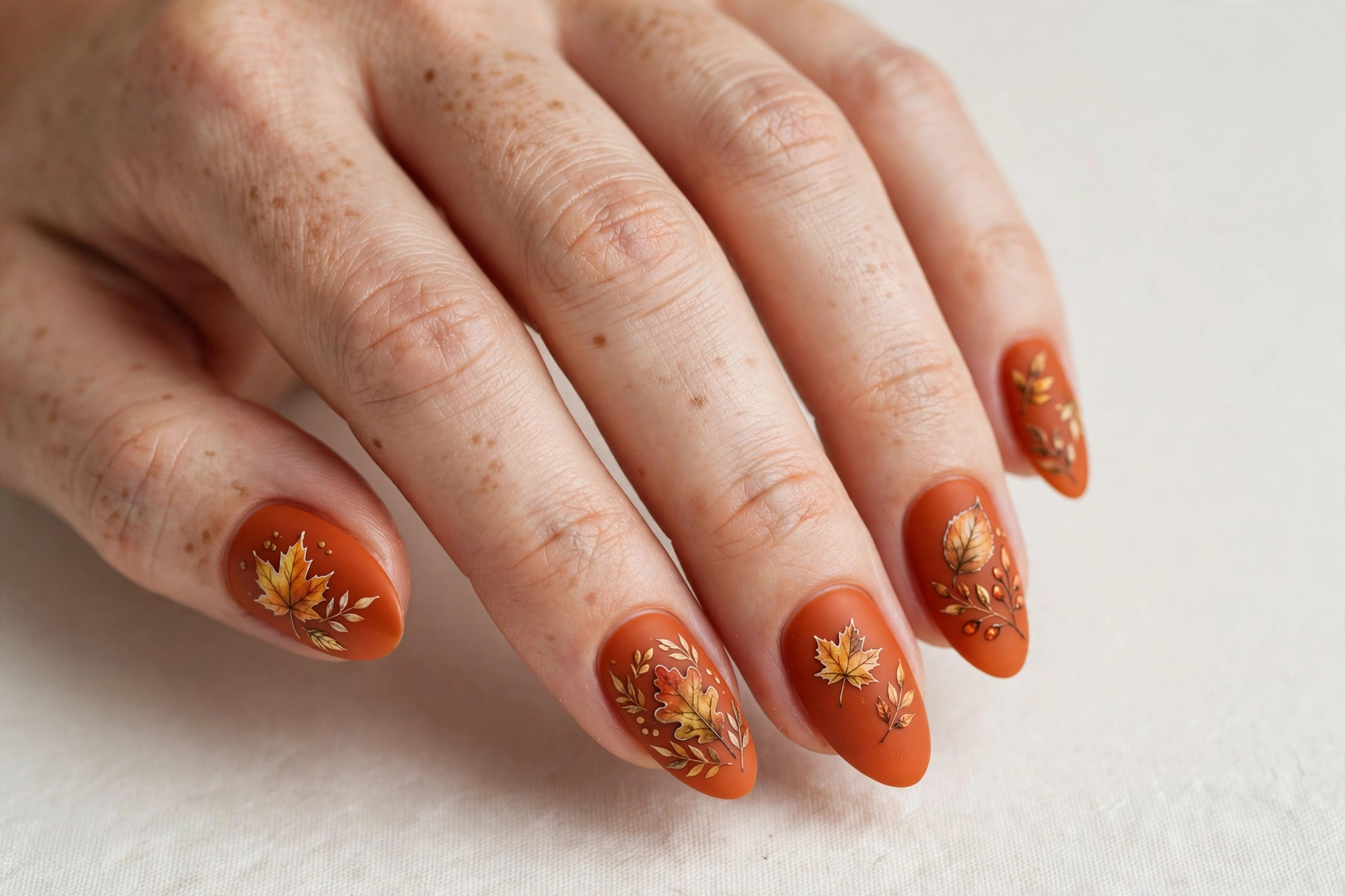 Burnt orange nails with hand-painted autumn fall leaf nail art
