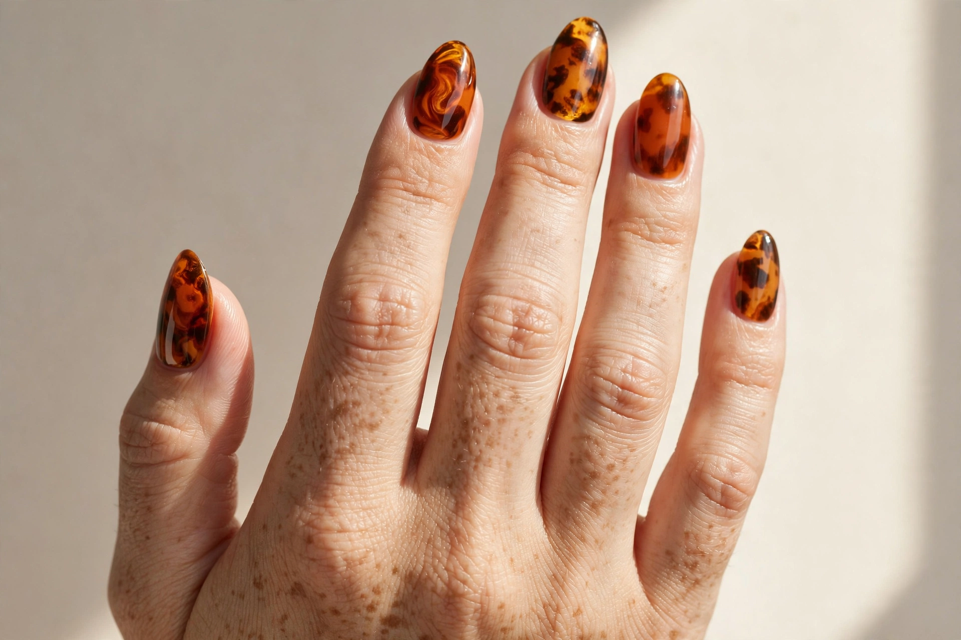 Burnt orange tortoiseshell amber nail art on almond nails
