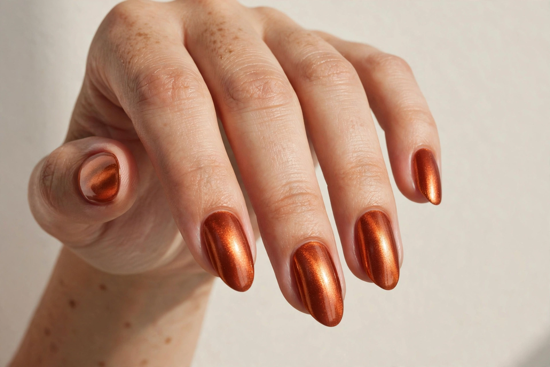 Copper chrome shimmer burnt orange almond nails