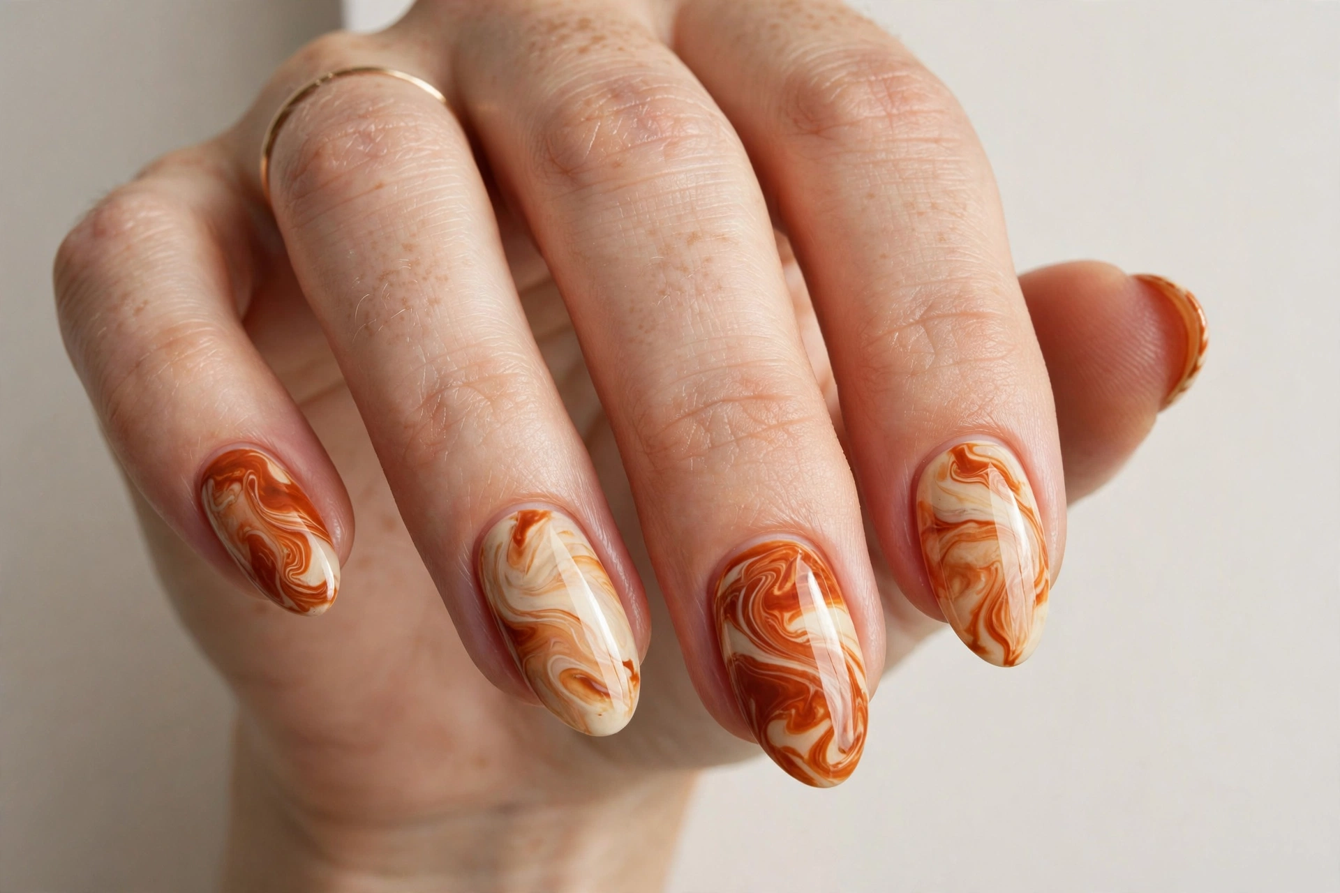 Burnt orange and cream marble swirl nail art on almond nails