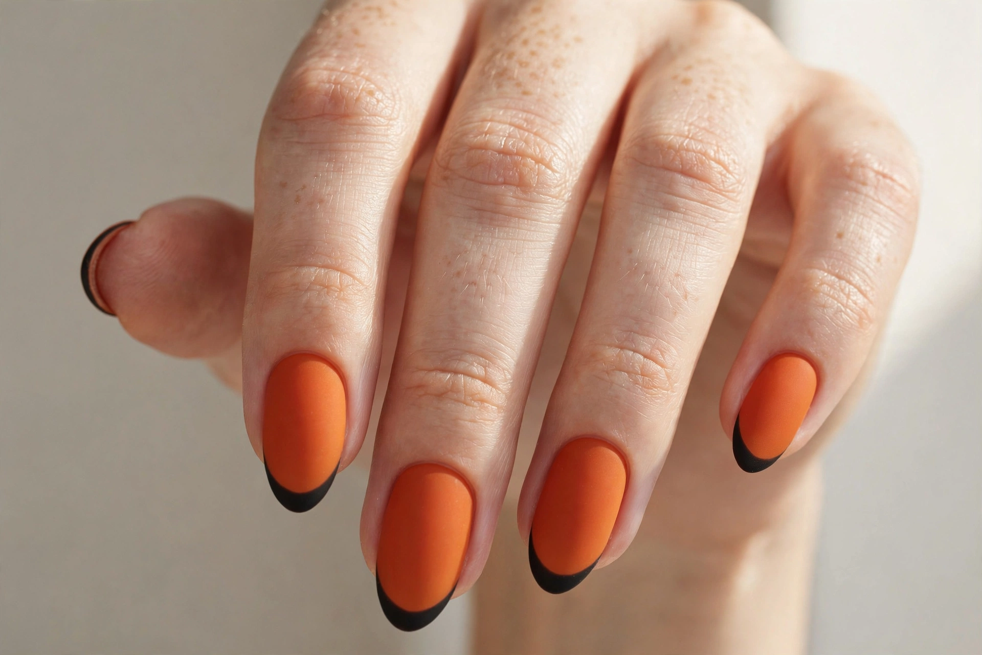 Matte burnt orange nails with black French tips