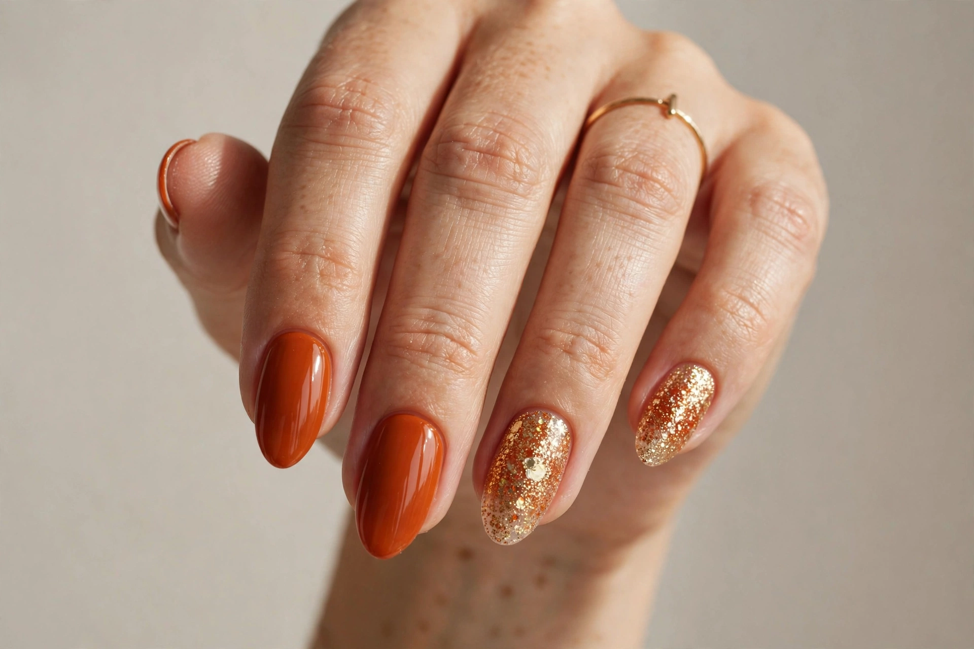 Burnt orange nails with copper glitter accent nails