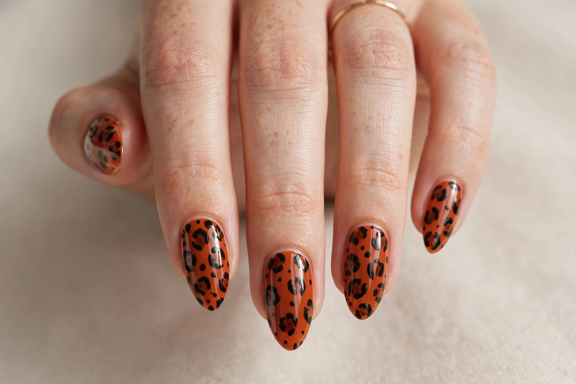 Burnt orange leopard animal print nail art on almond nails