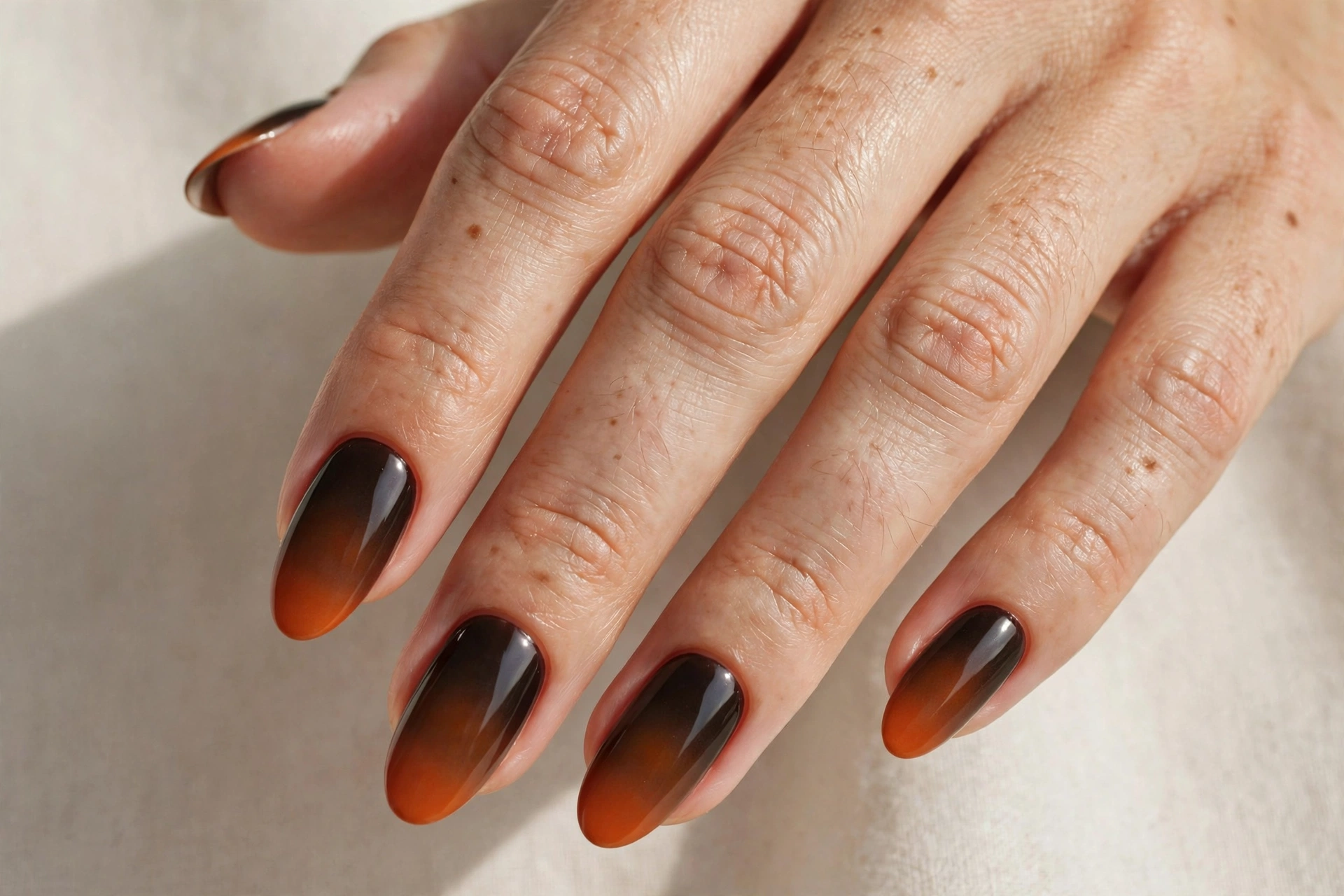 Dark espresso to burnt orange gradient ombre almond nails