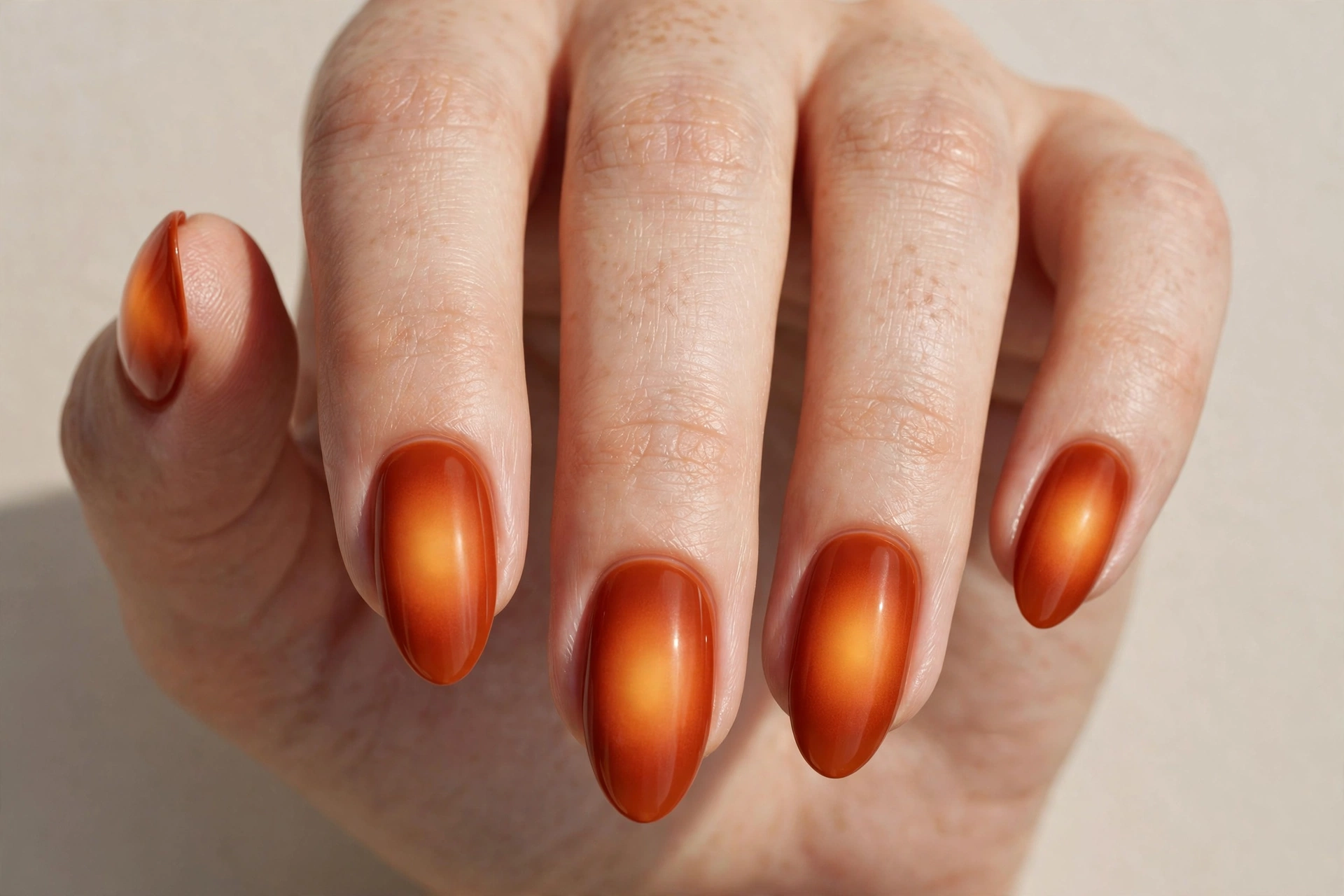 Burnt orange aura nails with glowing center on almond nails